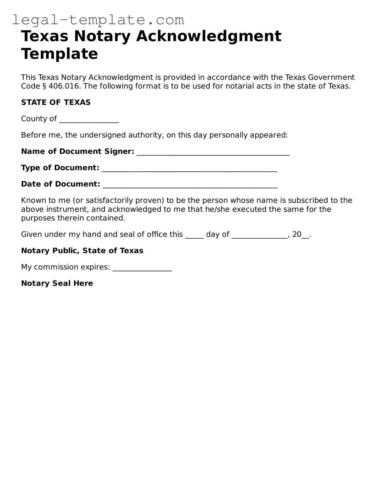 Notary Acknowledgement Form for Texas State