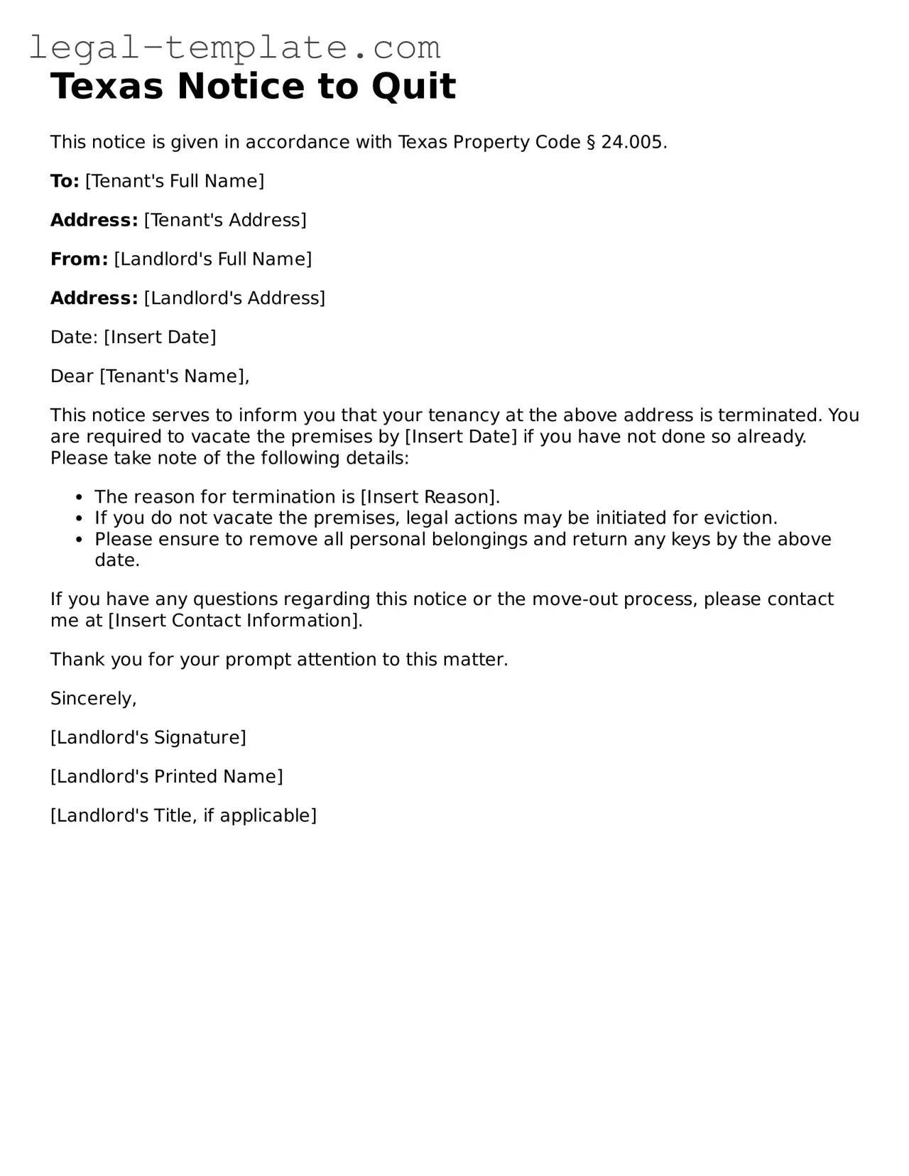 Notice to Quit Form for Texas State