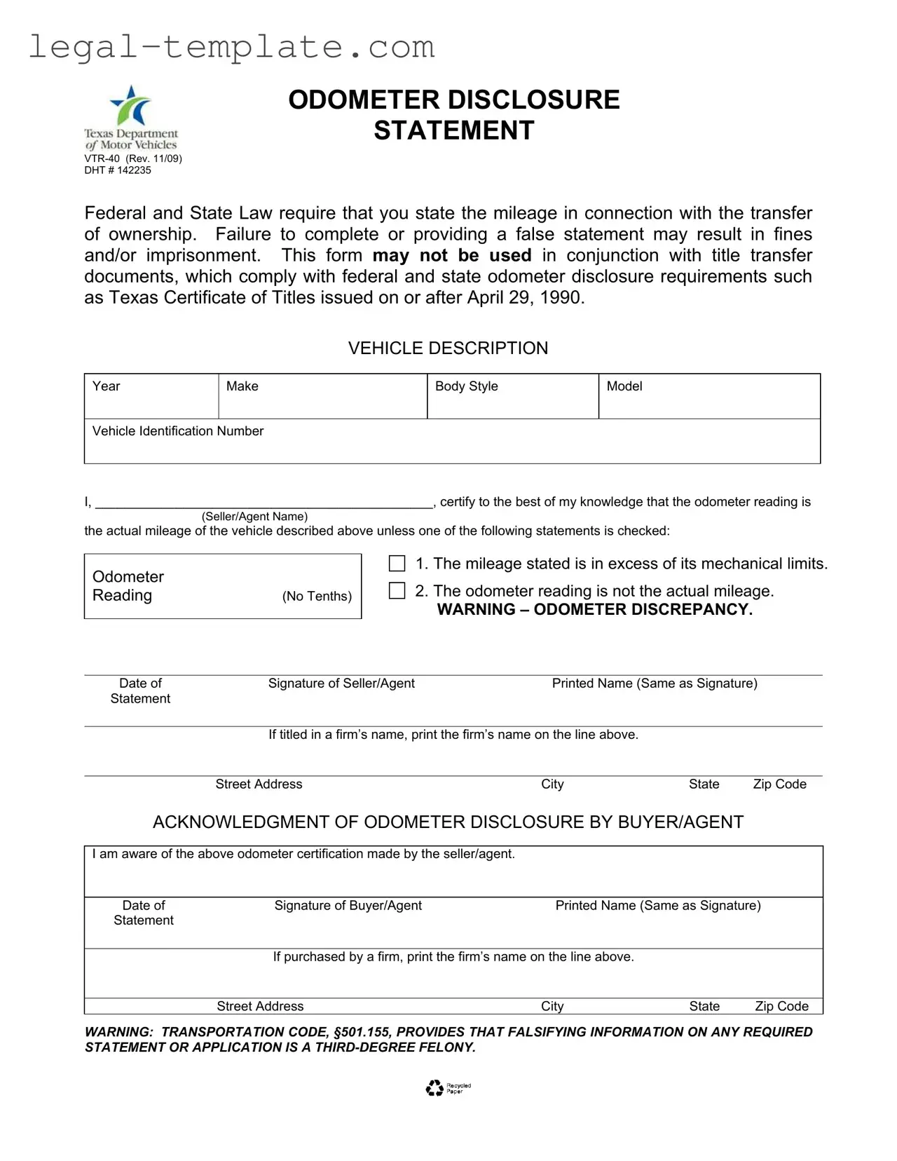 Free Texas Odometer Statement Template in PDF