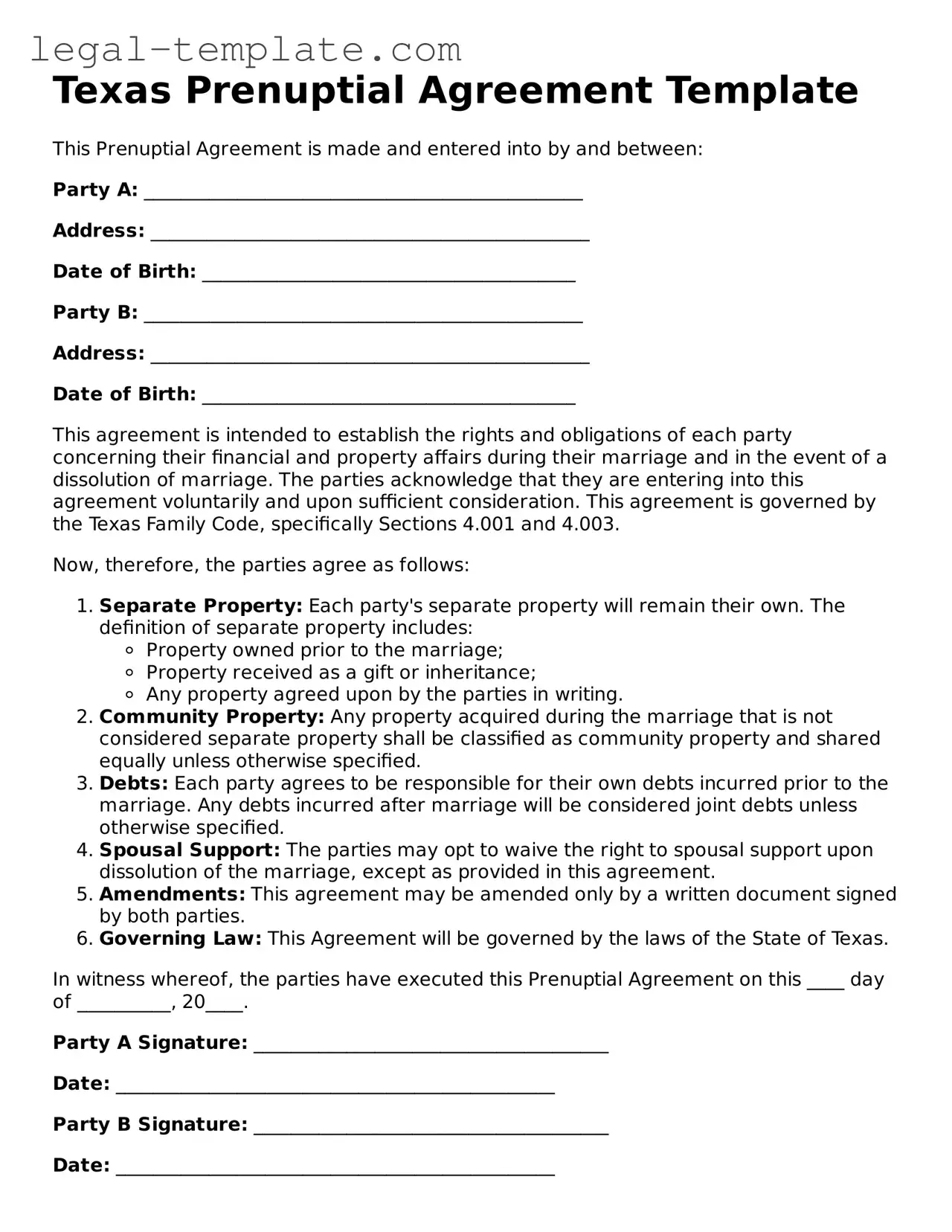Prenuptial Agreement Form for Texas State