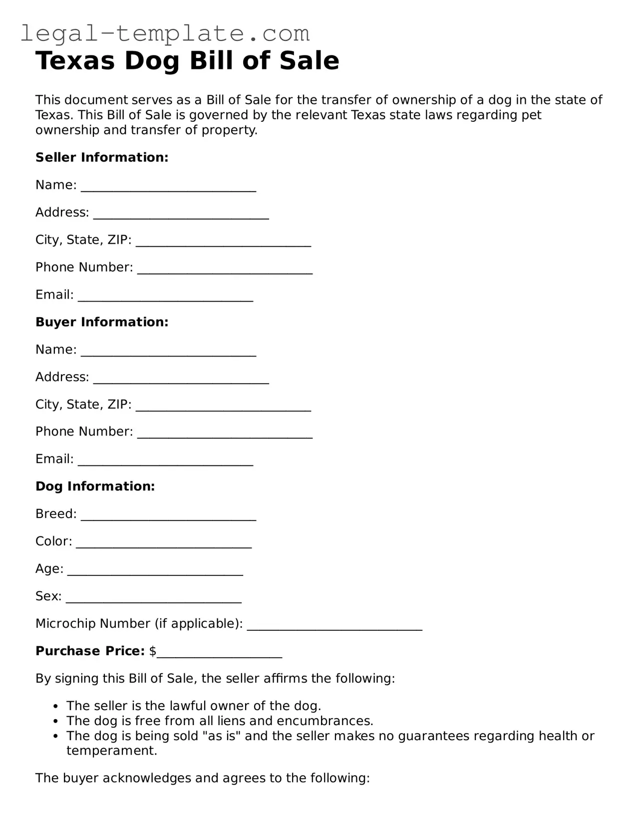 Dog Bill of Sale Form for Texas State