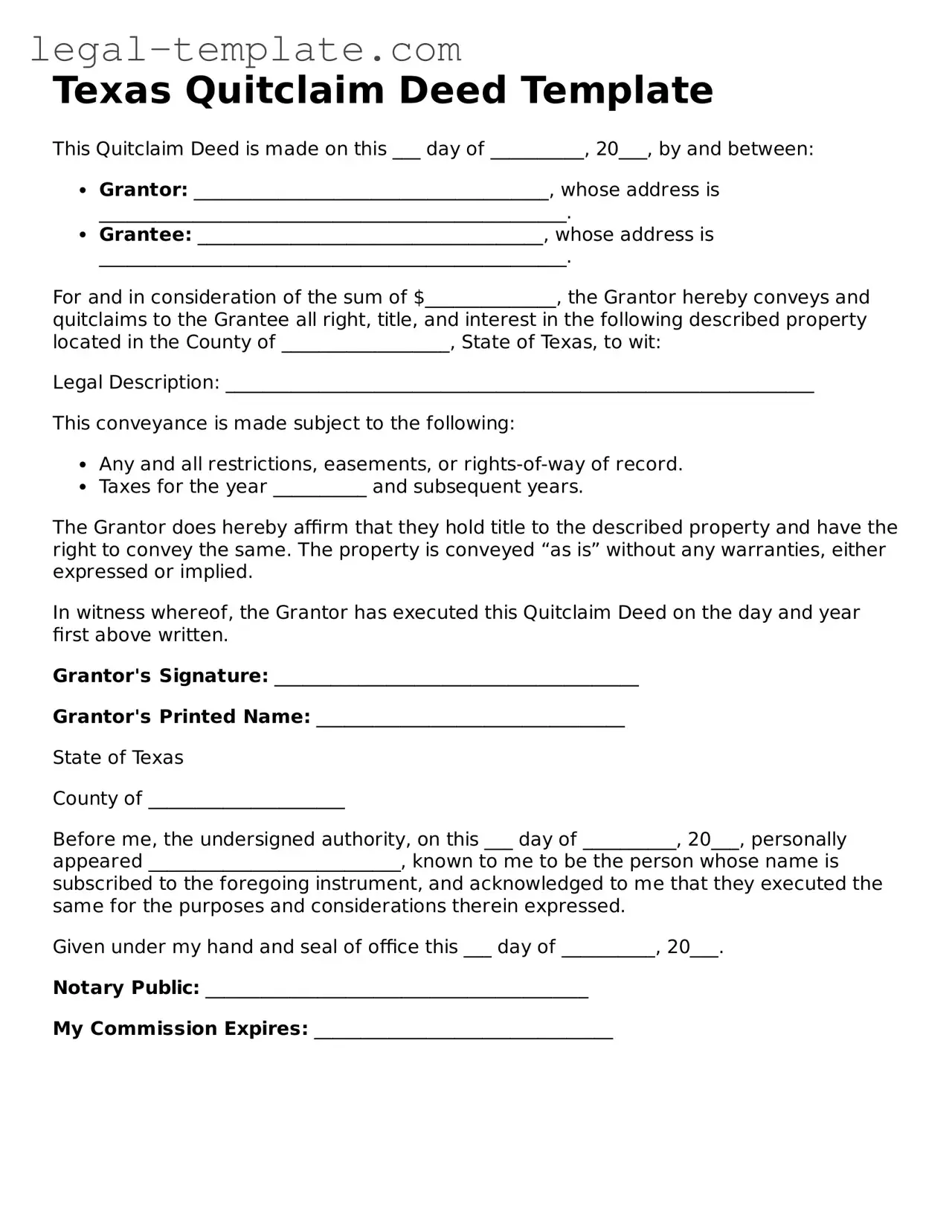 Quitclaim Deed Form for Texas State