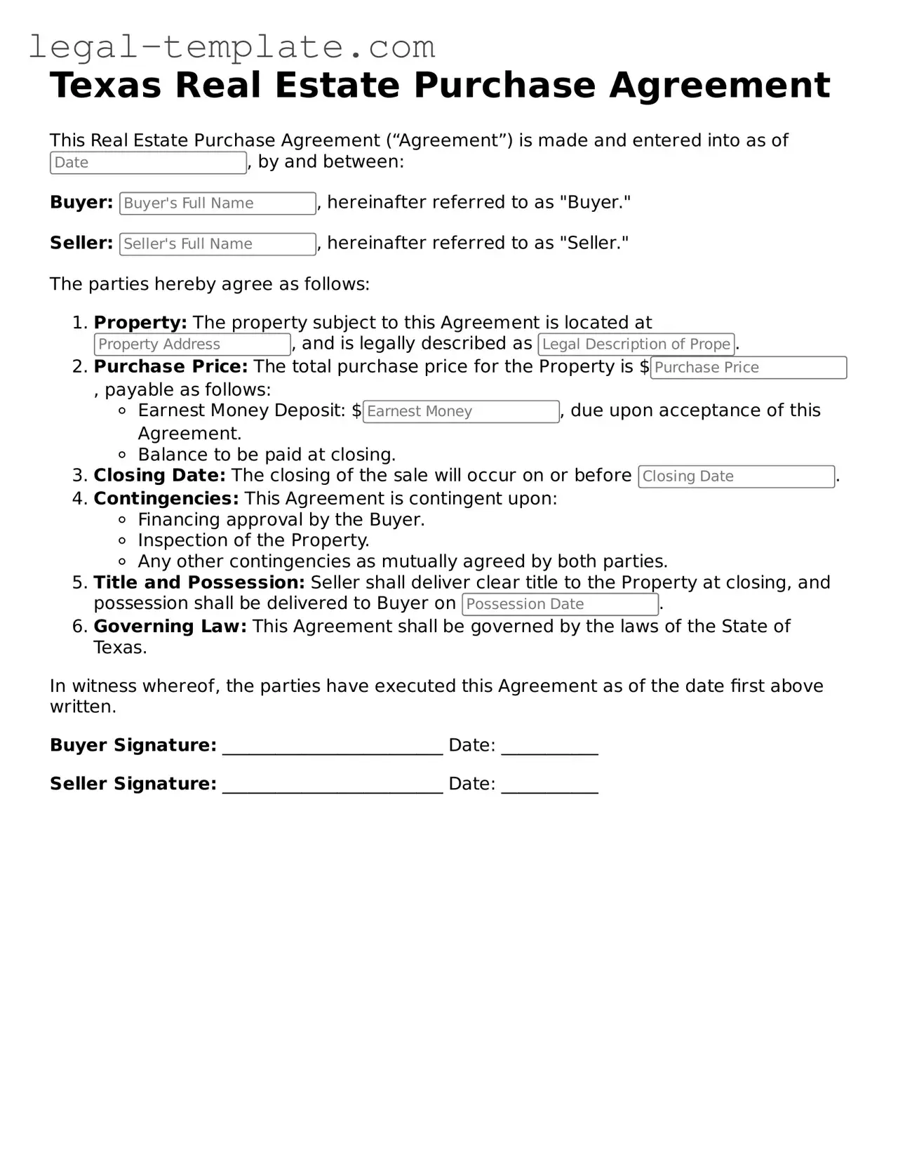 Real Estate Purchase Agreement Form for Texas State