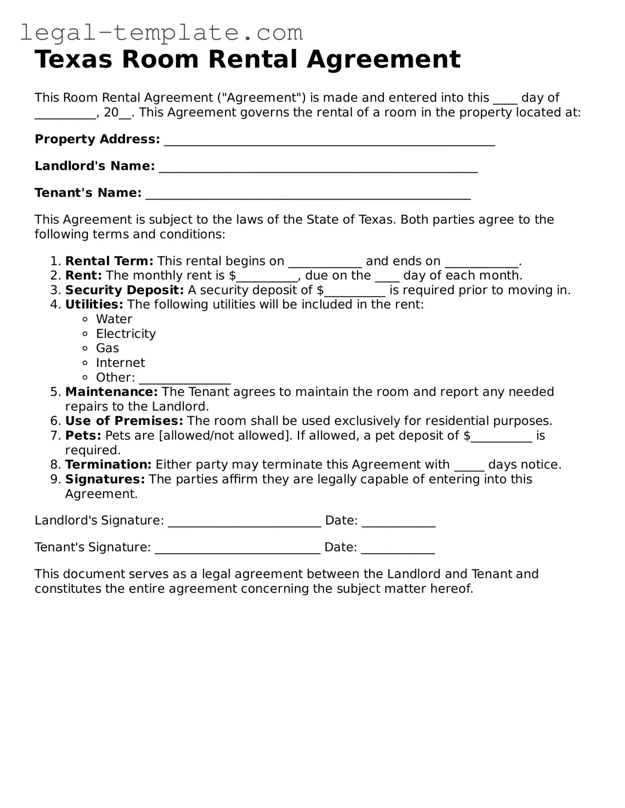 Room Rental Agreement Form for Texas State