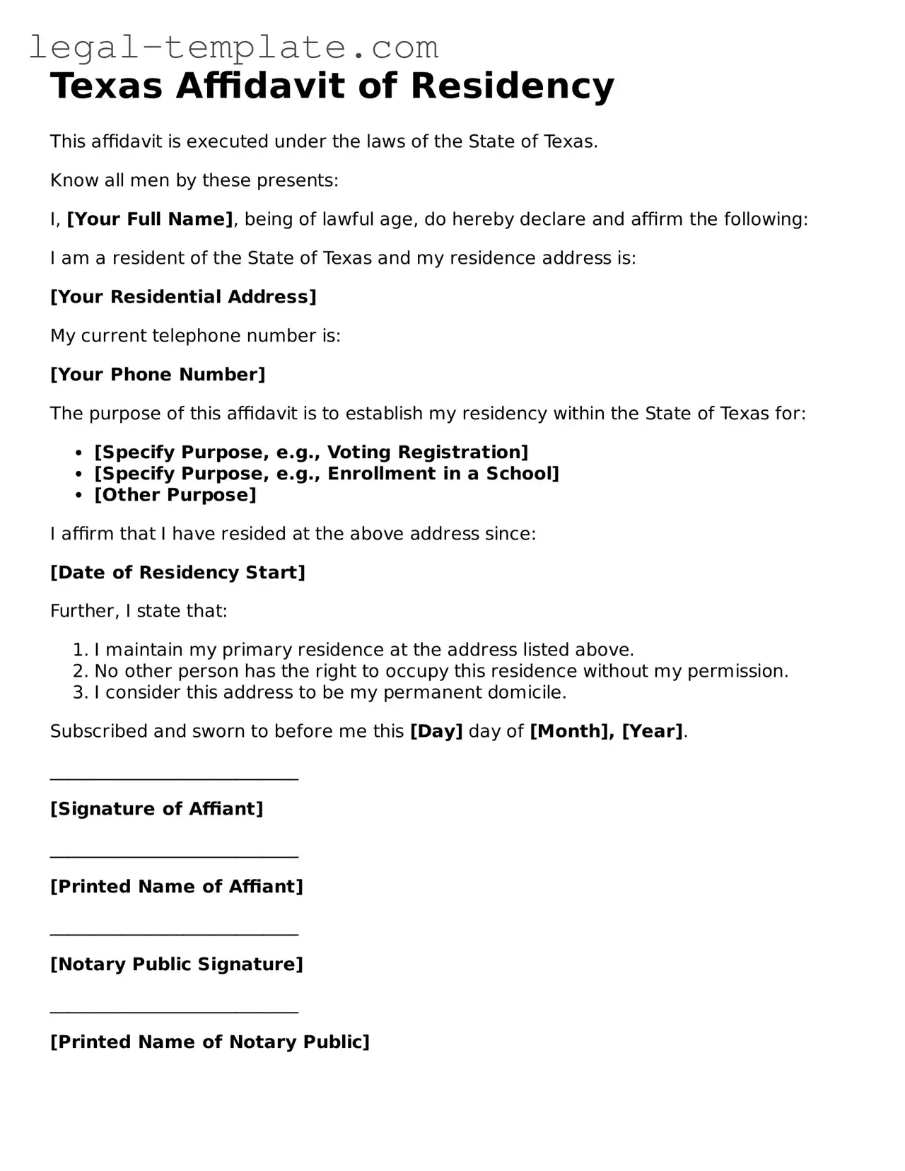 Affidavit of Residency Form for Texas State
