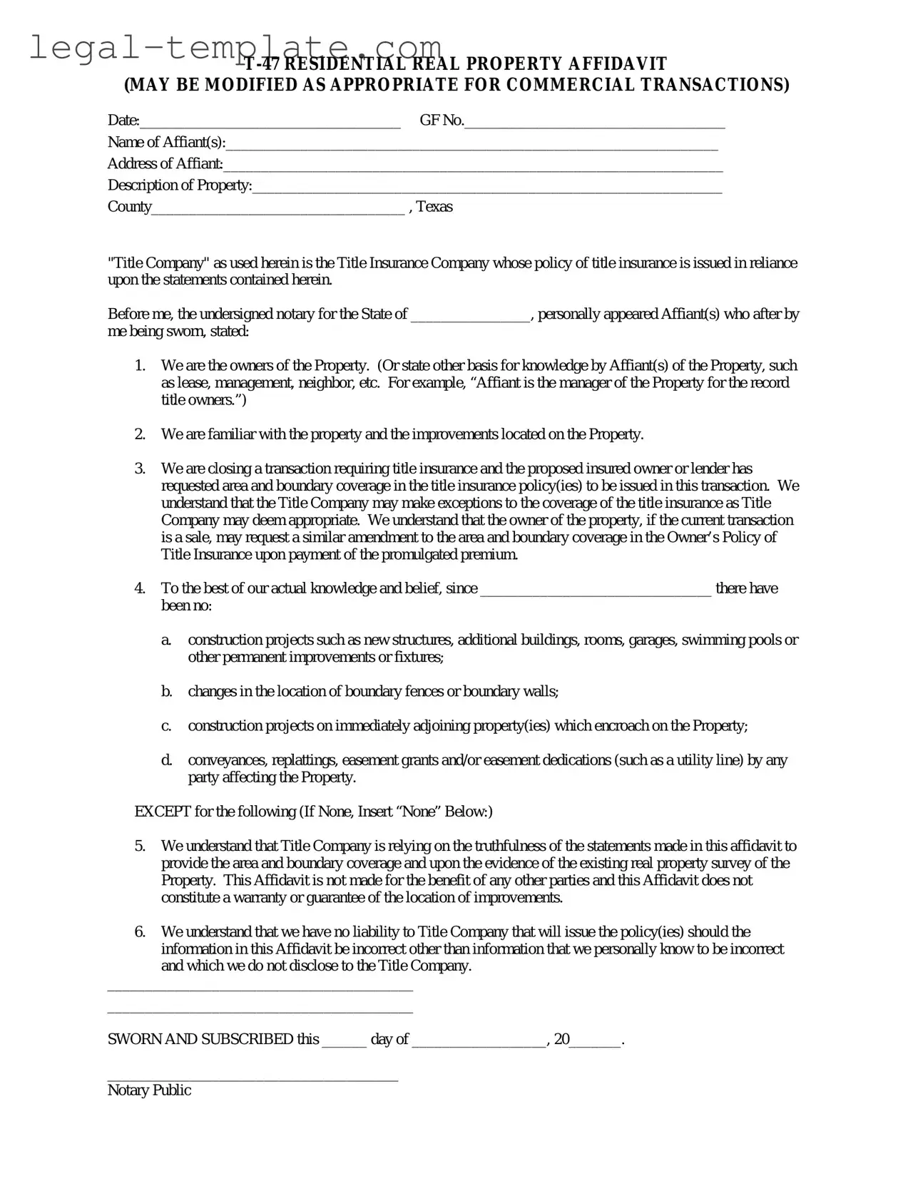 Free Texas residential property affidavit T-47 Template in PDF