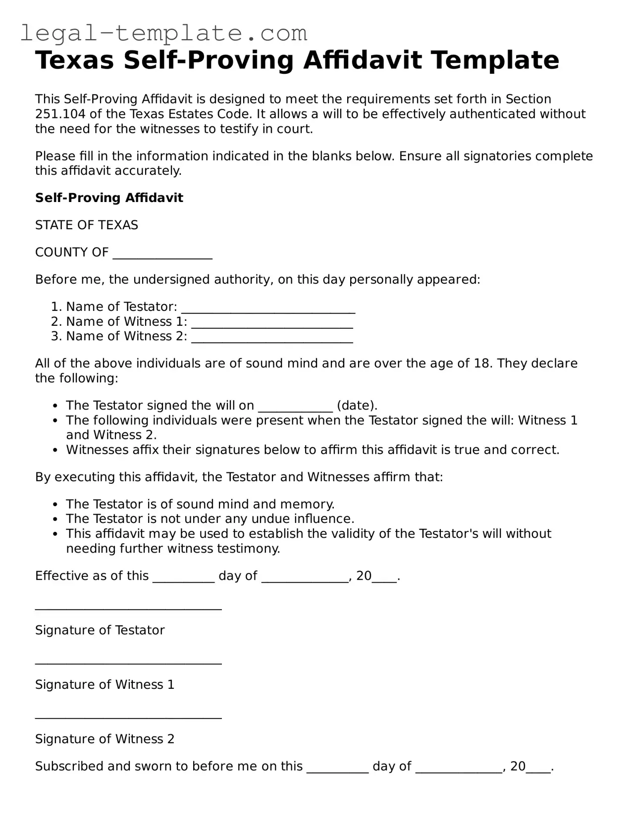 Self-Proving Affidavit Form for Texas State