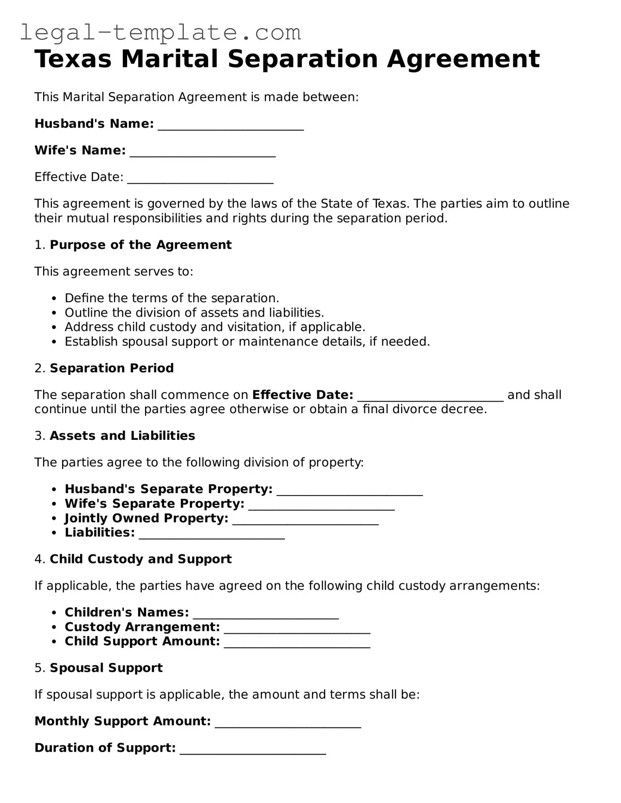 Marital Separation Agreement Form for Texas State