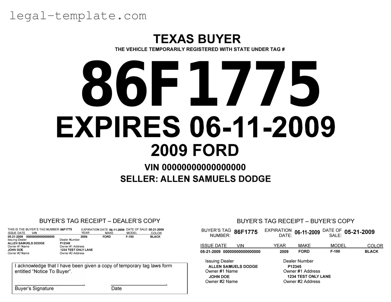 Free Texas Temporary Tag Template in PDF