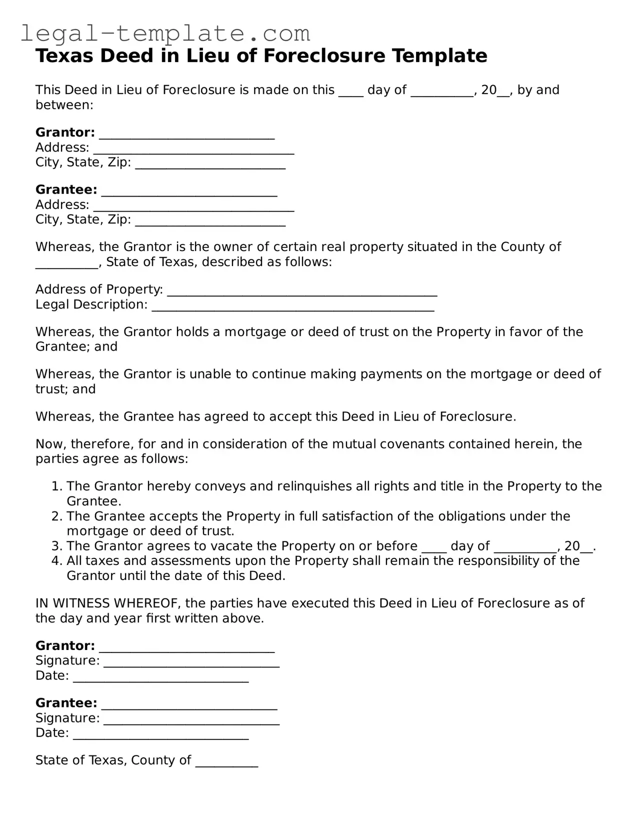 Deed in Lieu of Foreclosure Form for Texas State