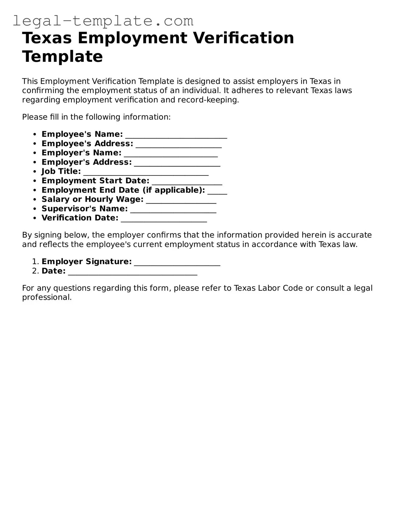 Employment Verification Form for Texas State