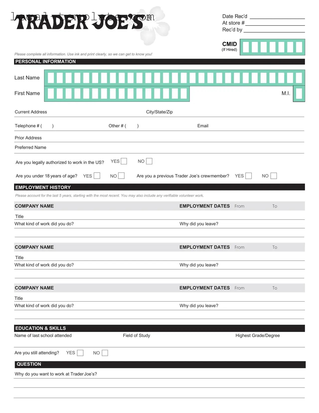 Free Trader Joe's application Template in PDF
