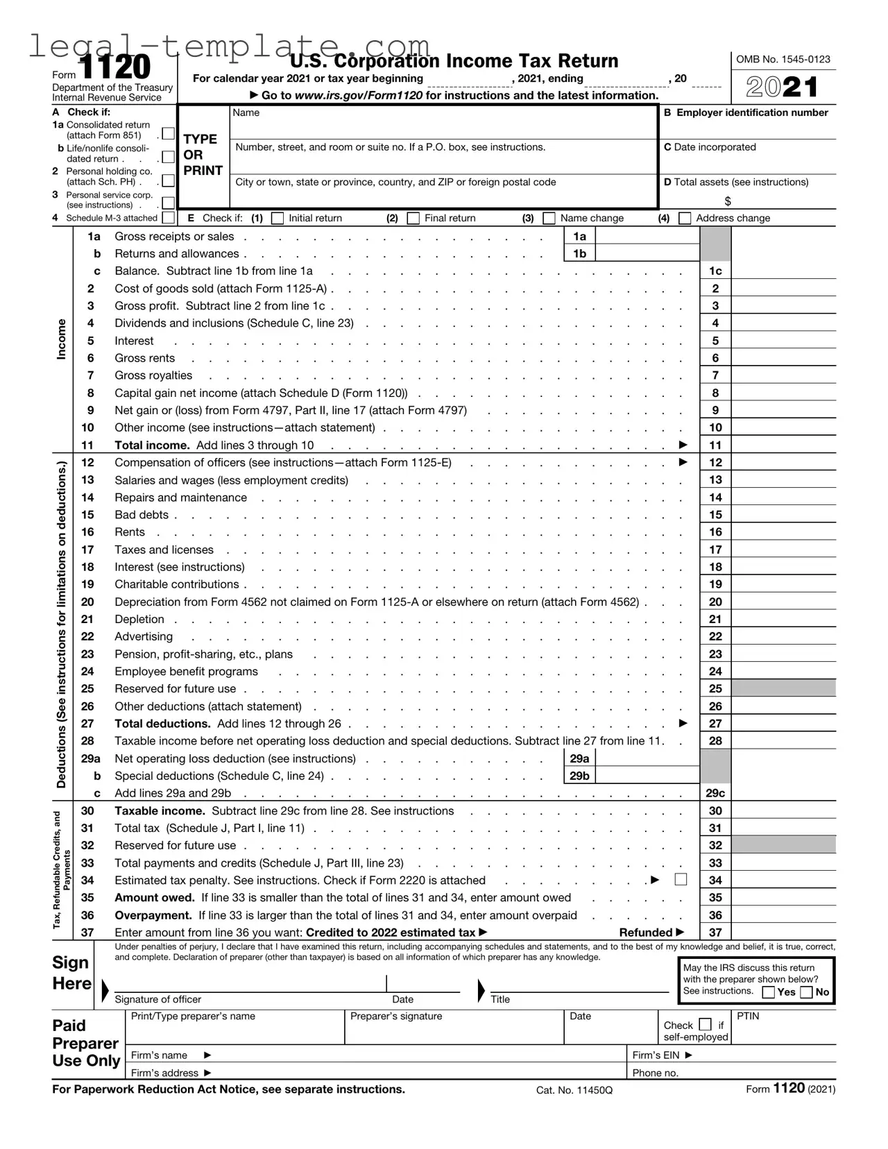 Free IRS 1120 Template in PDF