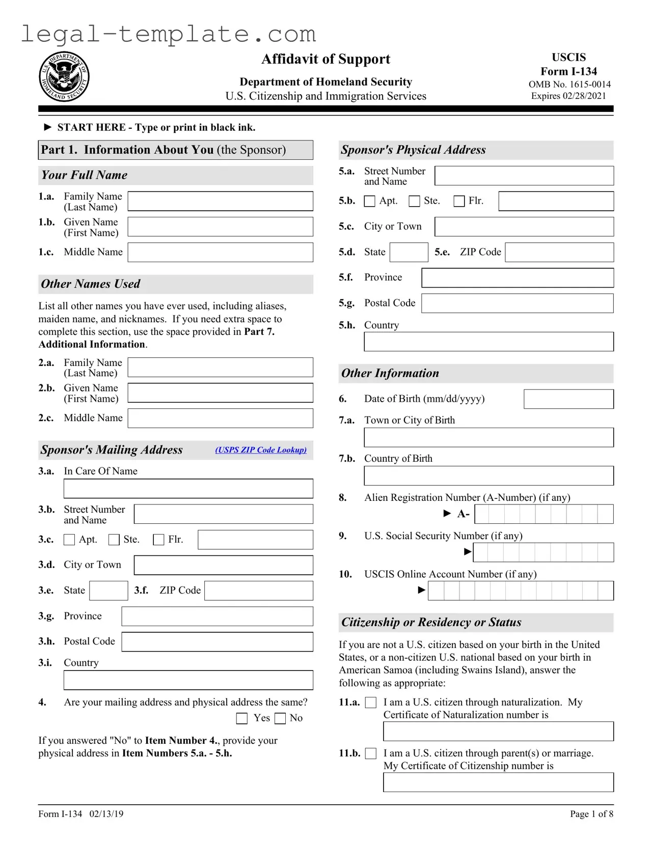 Free USCIS I-134 Template in PDF