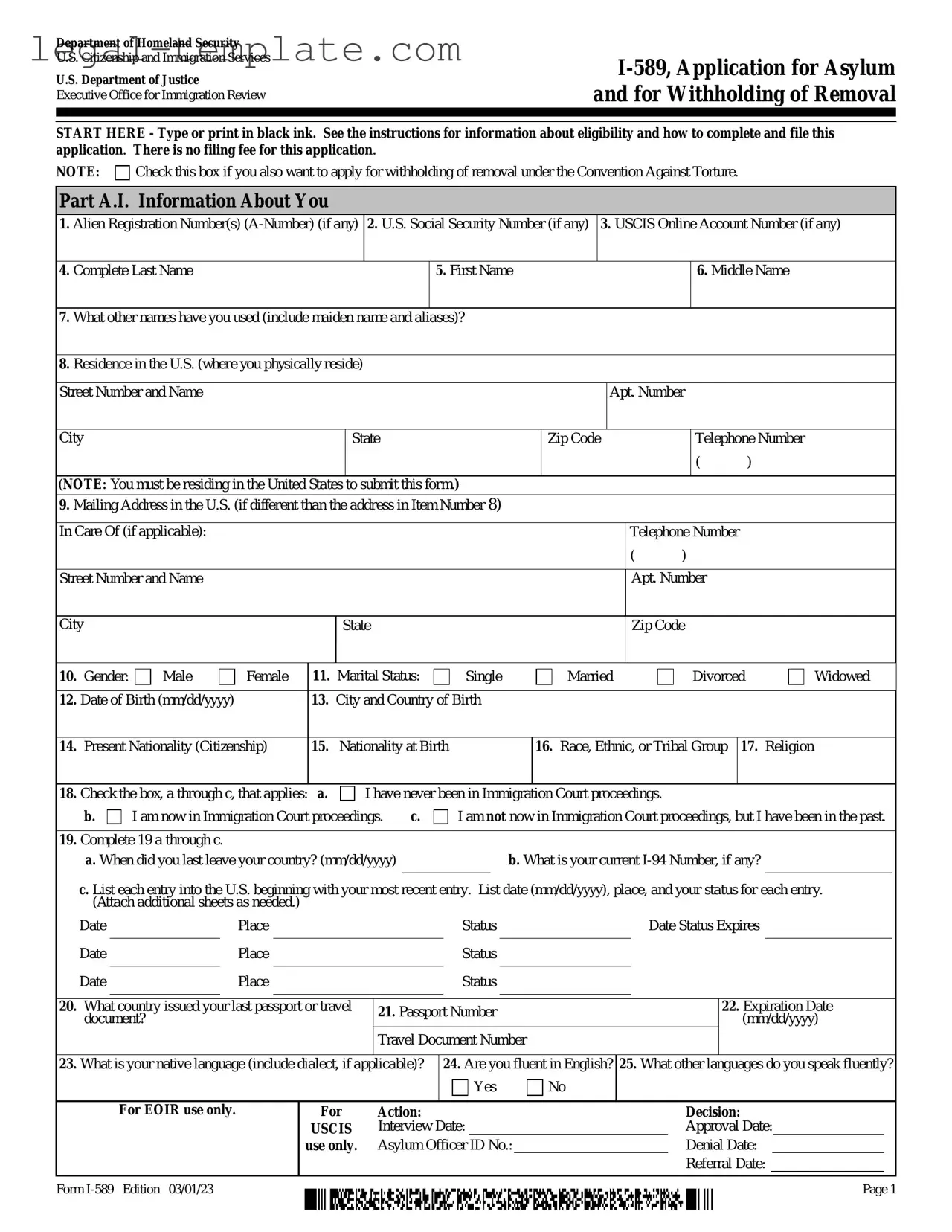 Free USCIS I-589 Template in PDF