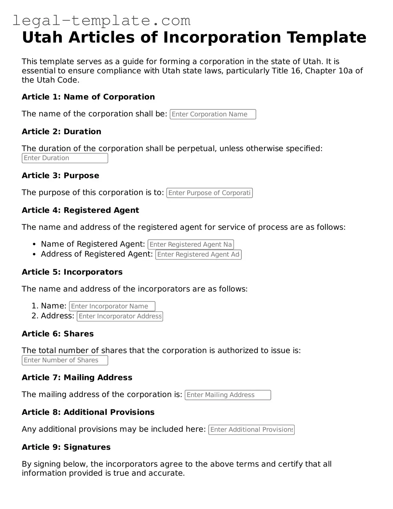 Articles of Incorporation Form for Utah State