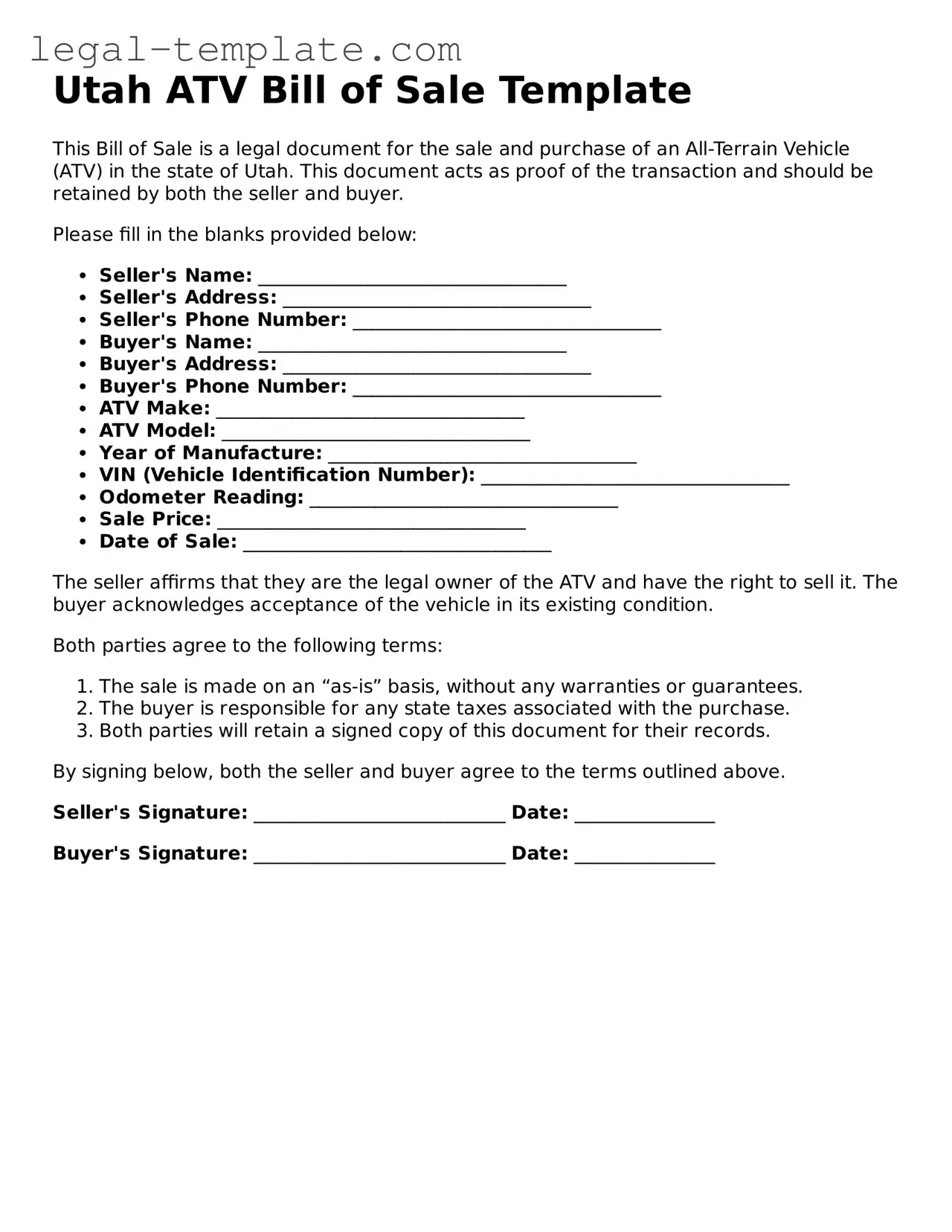 ATV Bill of Sale Form for Utah State