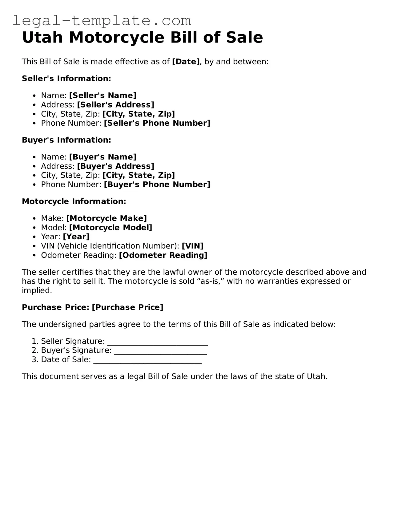 Motorcycle Bill of Sale Form for Utah State