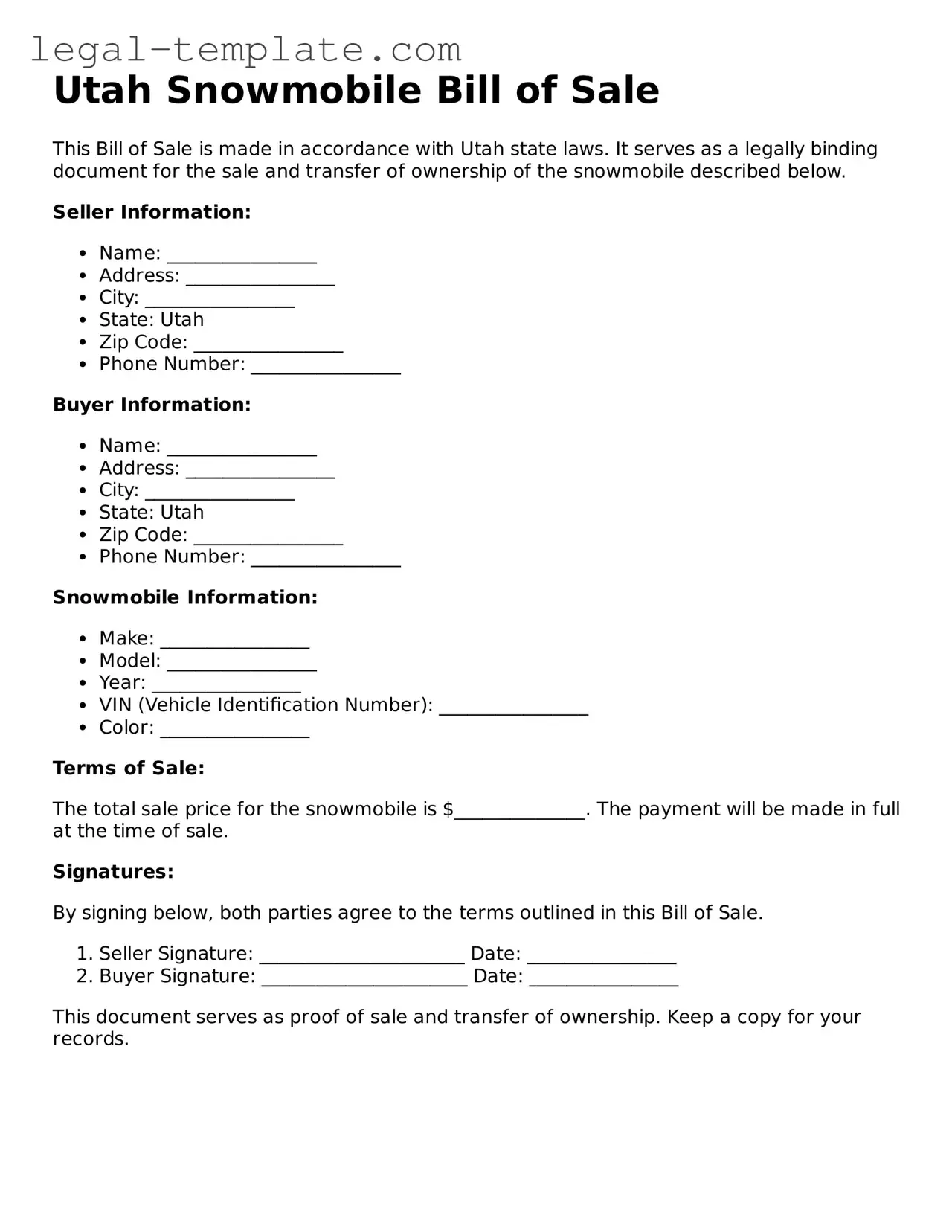 Snowmobile Bill of Sale Form for Utah State