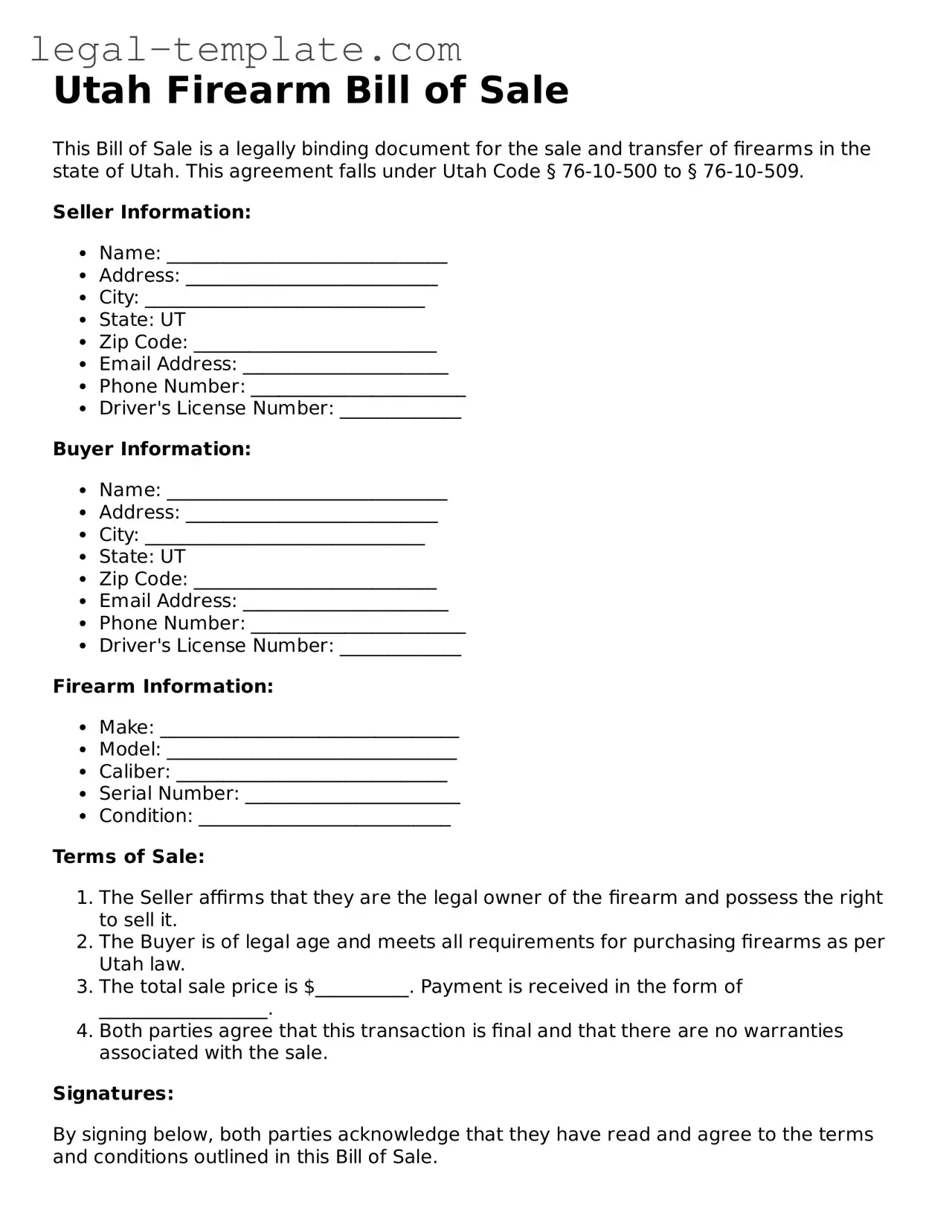 Firearm Bill of Sale Form for Utah State