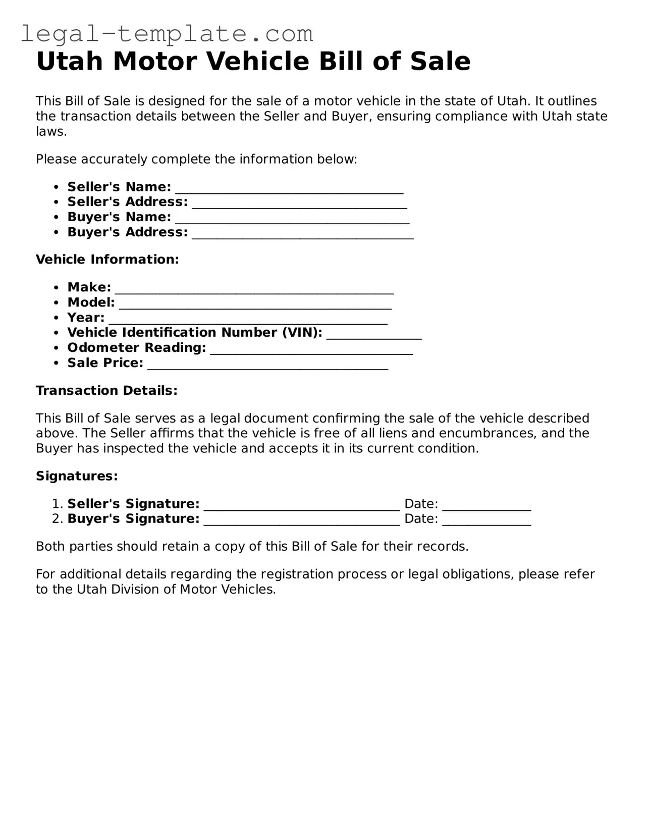 Motor Vehicle Bill of Sale Form for Utah State