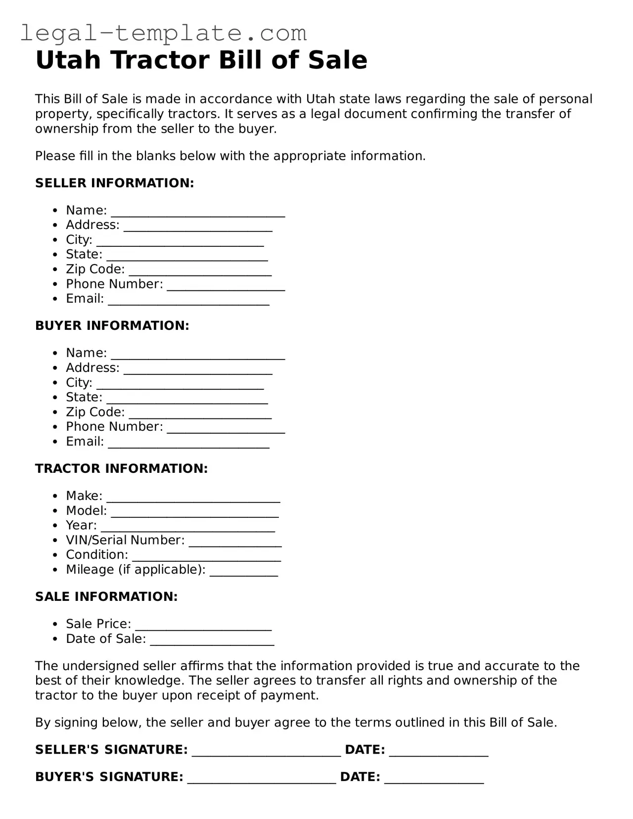 Tractor Bill of Sale Form for Utah State