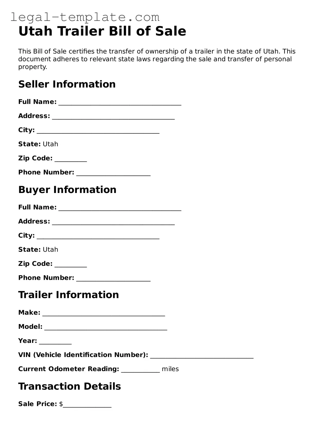 Trailer Bill of Sale Form for Utah State
