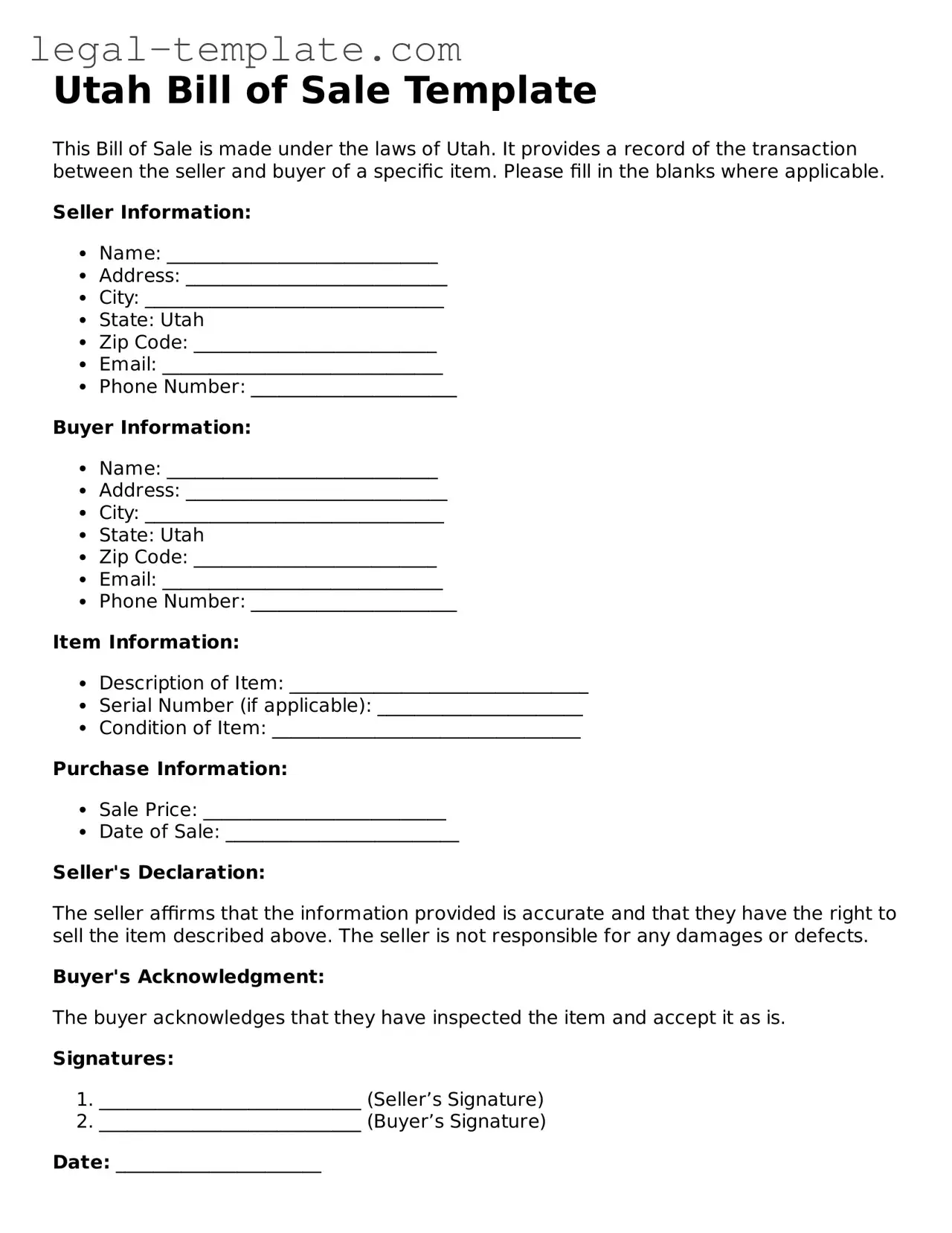 Bill of Sale Form for Utah State