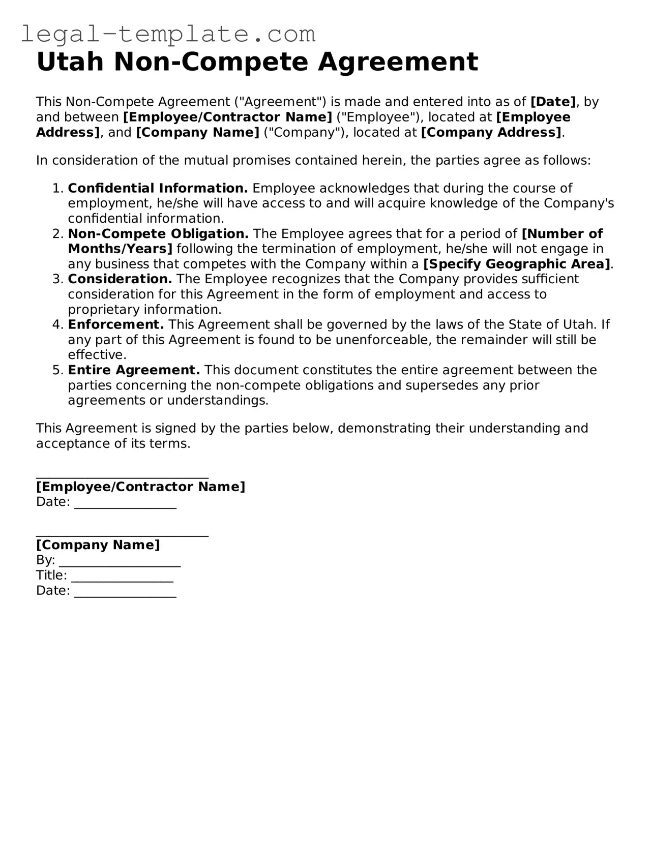 Non-compete Agreement Form for Utah State
