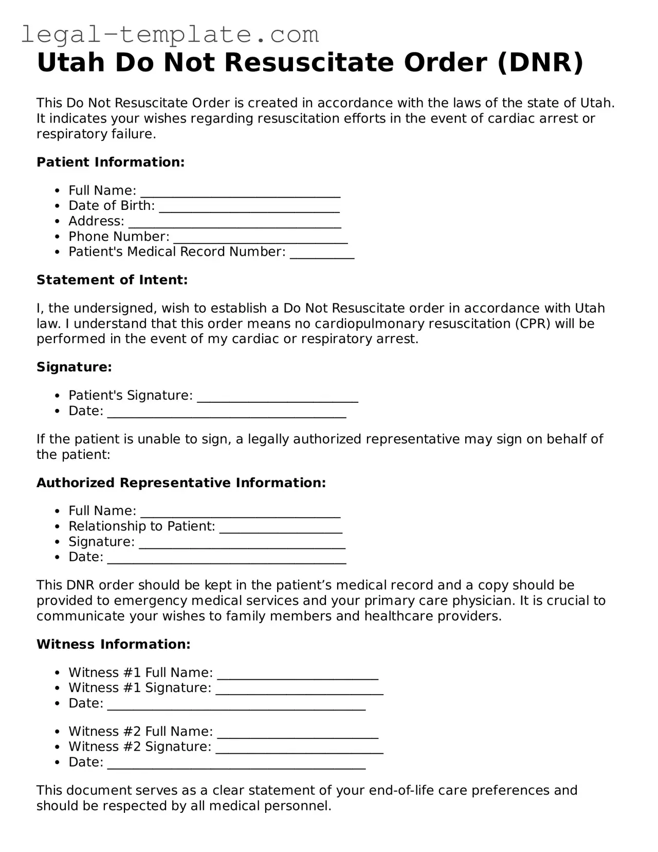 Do Not Resuscitate Order Form for Utah State