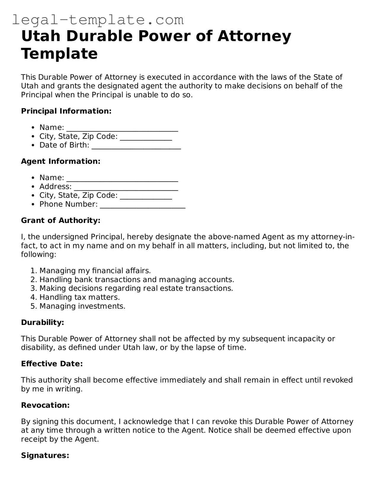 Durable Power of Attorney Form for Utah State