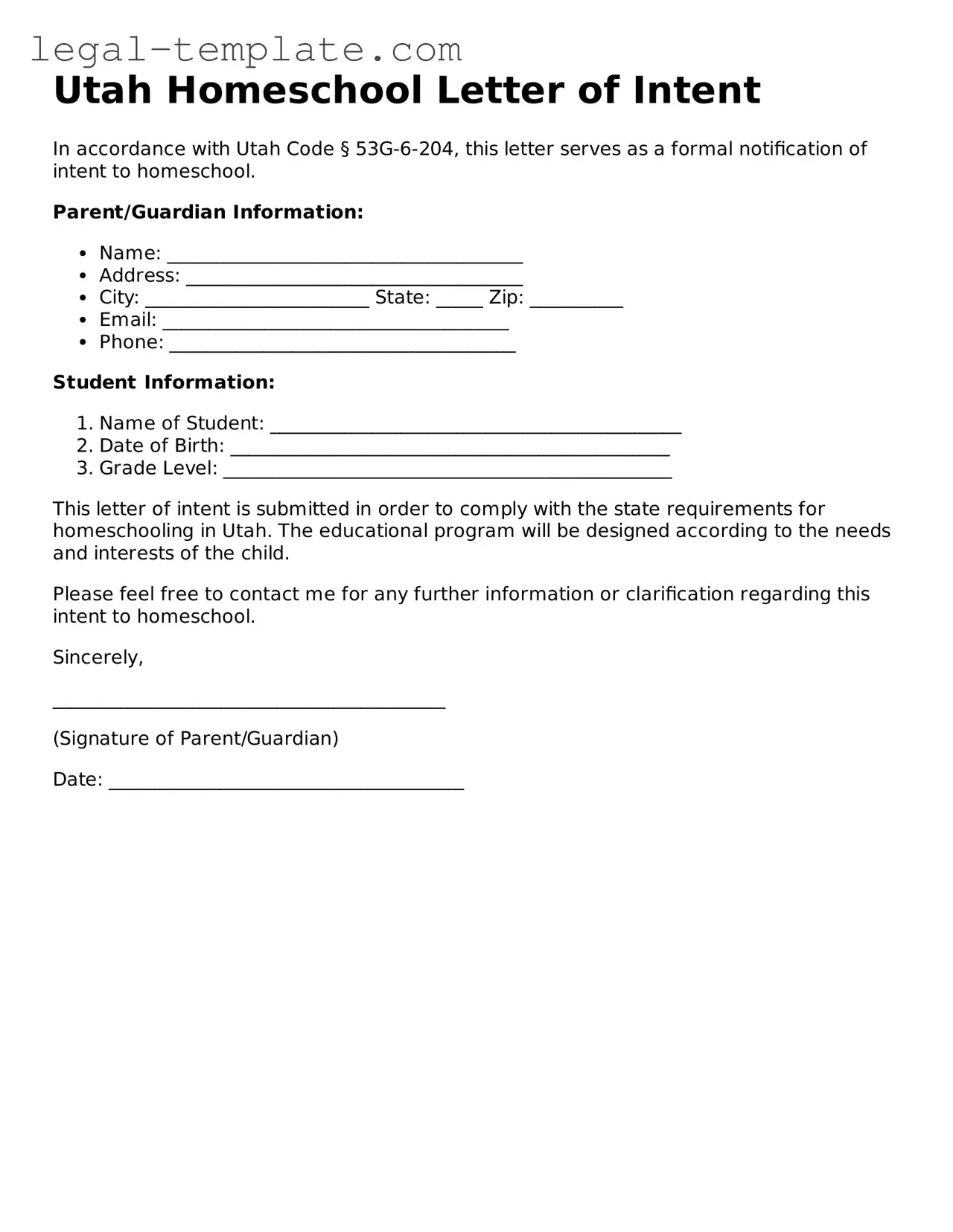 Homeschool Letter of Intent Form for Utah State
