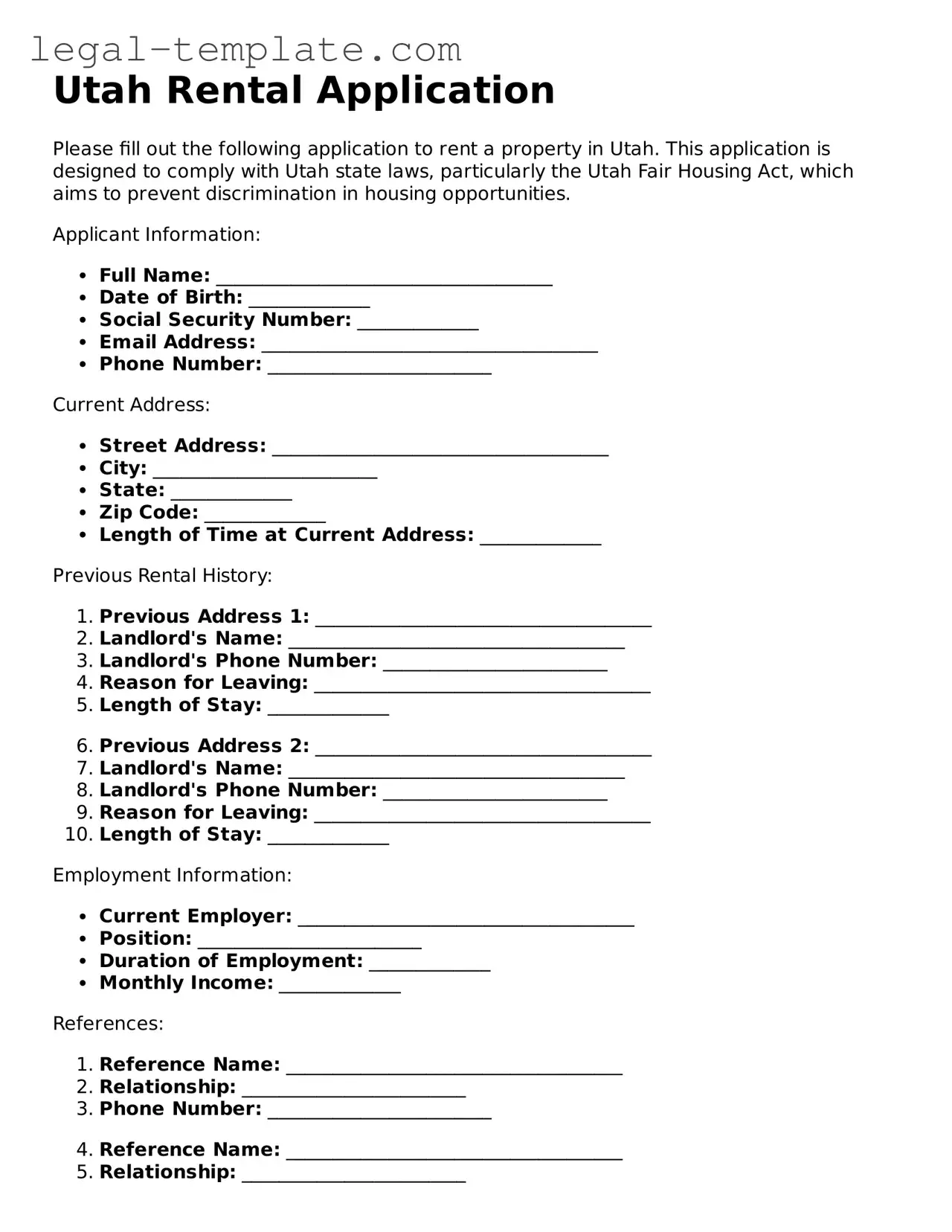 Rental Application Form for Utah State