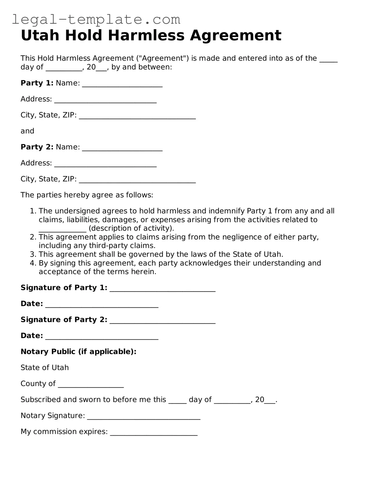 Hold Harmless Agreement Form for Utah State
