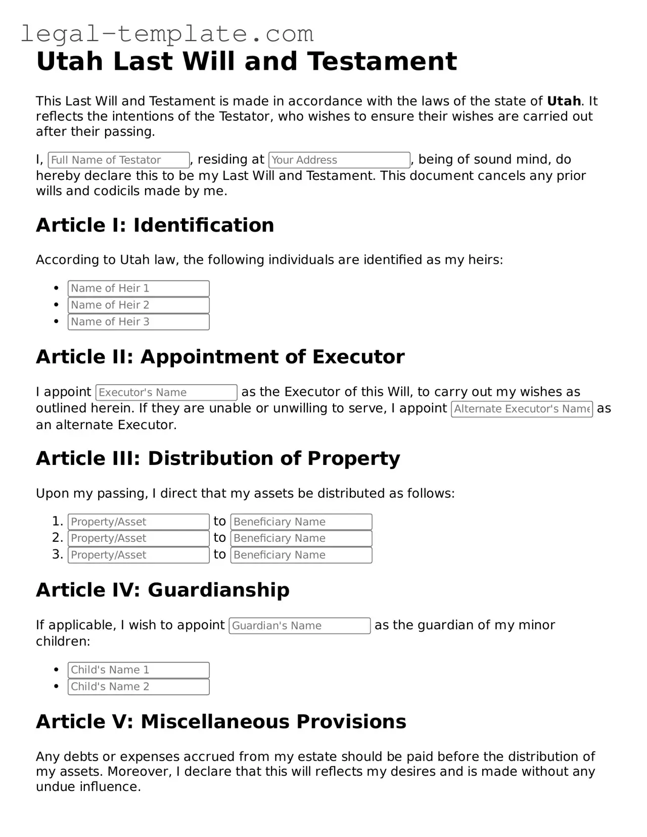 Last Will and Testament Form for Utah State
