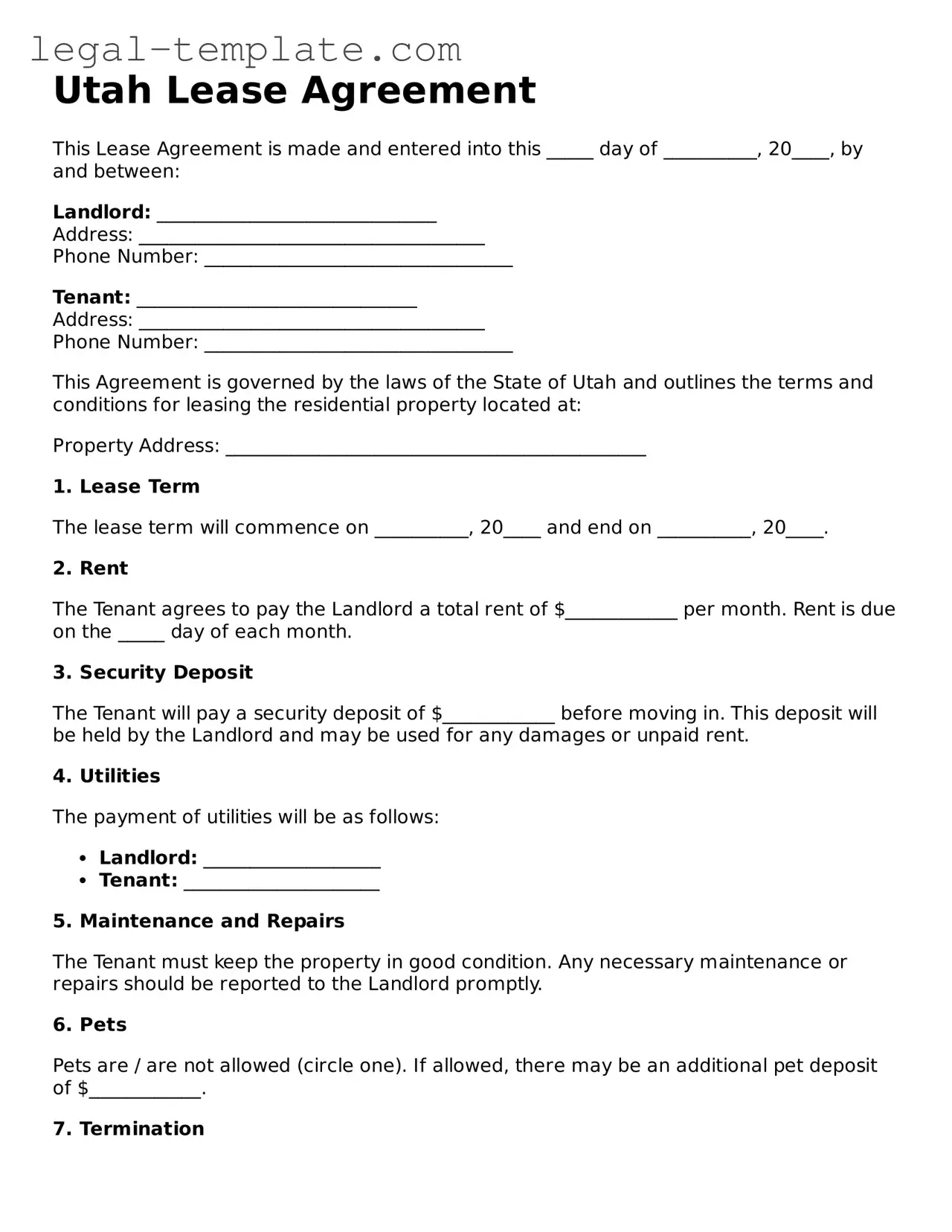 Lease Agreement Form for Utah State