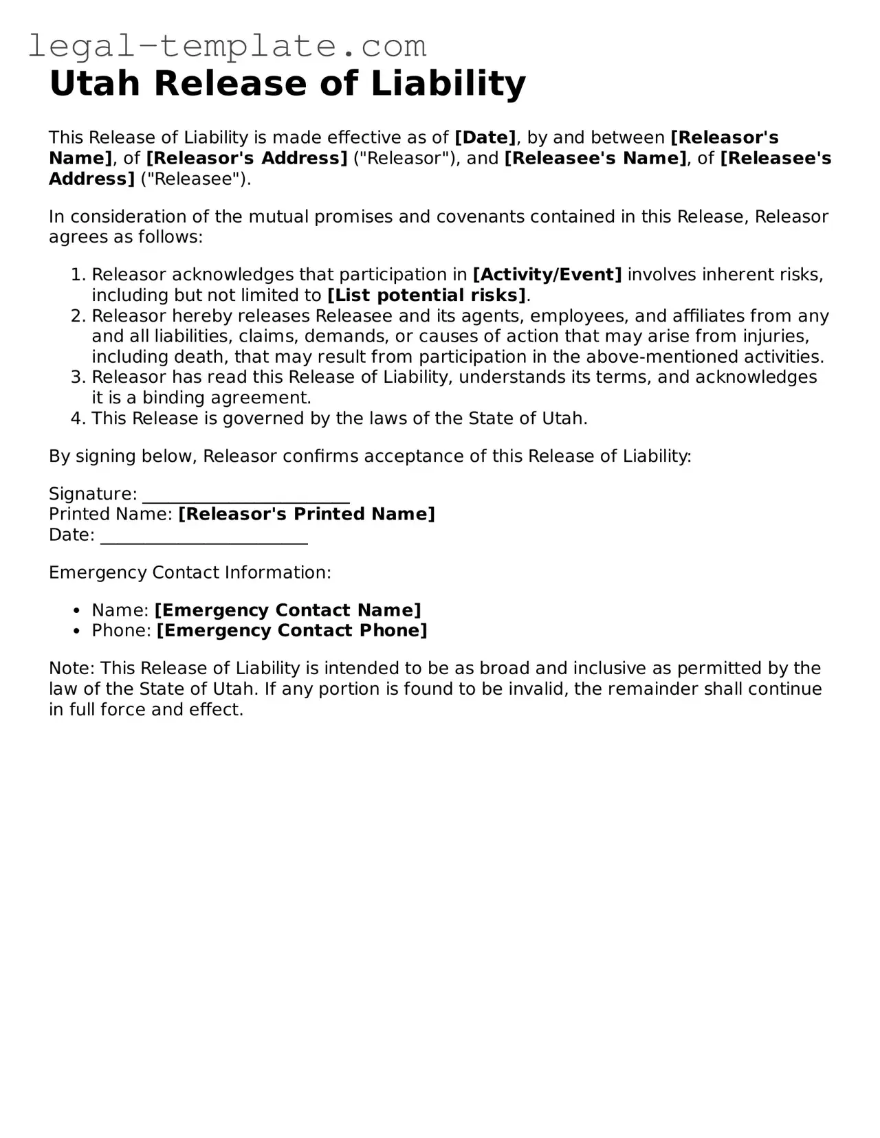 Release of Liability Form for Utah State