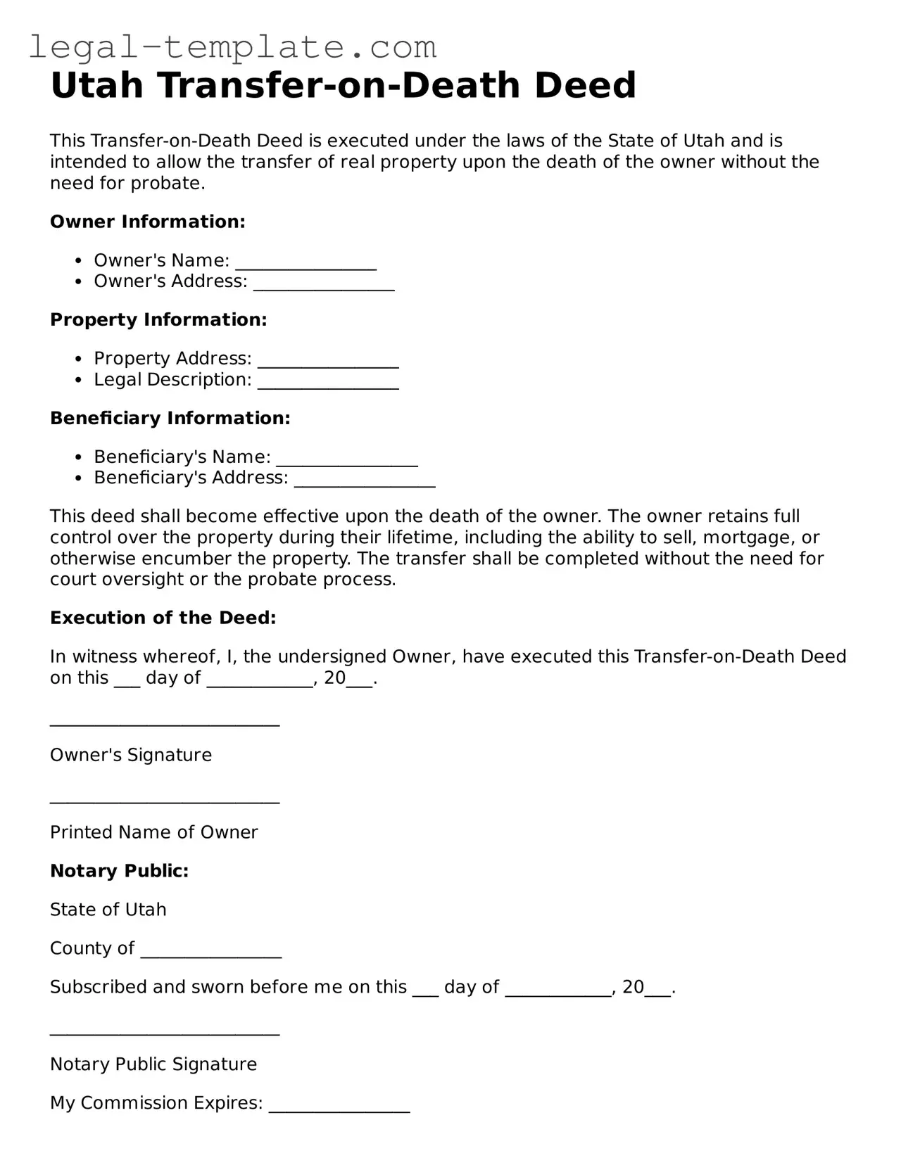 Transfer-on-Death Deed Form for Utah State