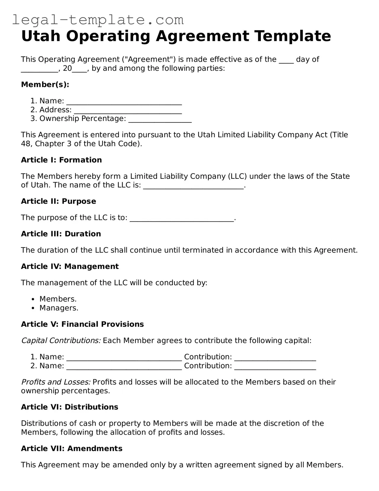 Operating Agreement Form for Utah State