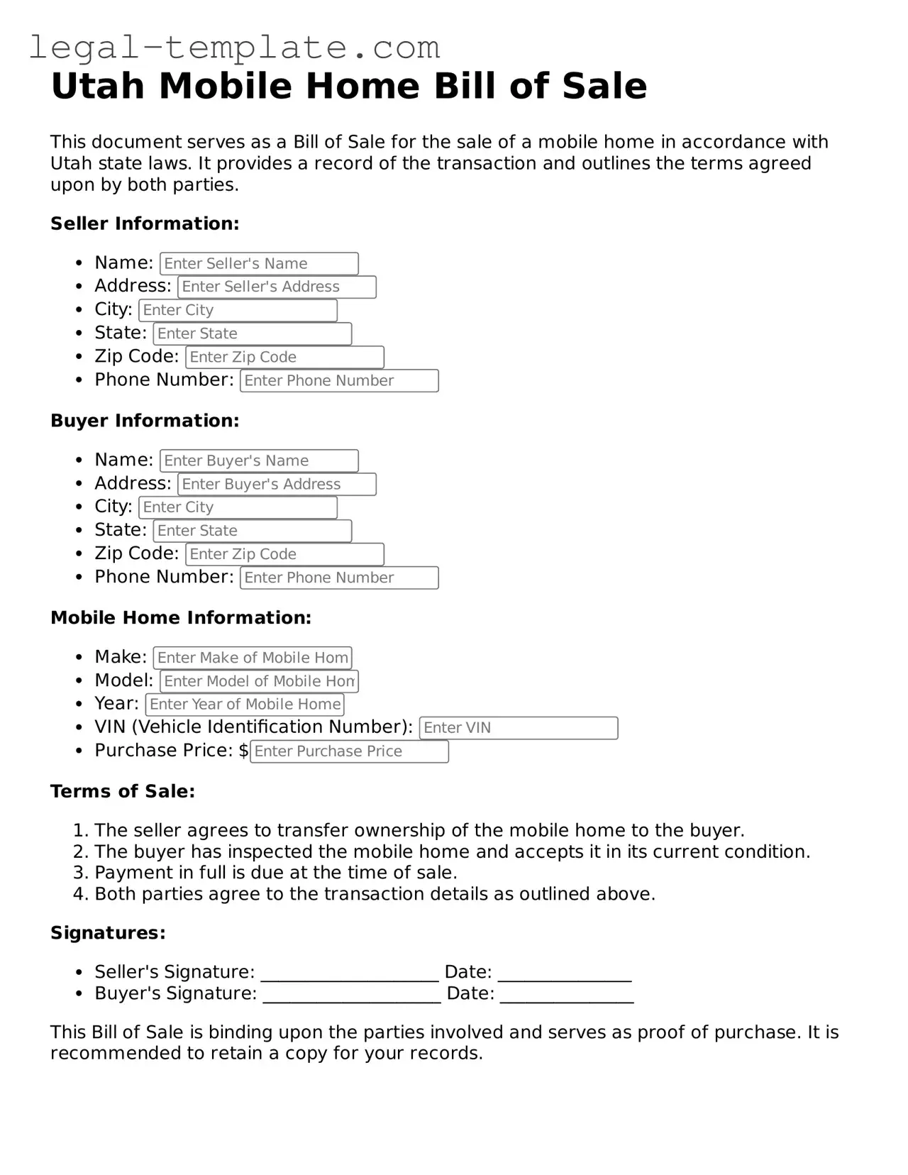 Mobile Home Bill of Sale Form for Utah State