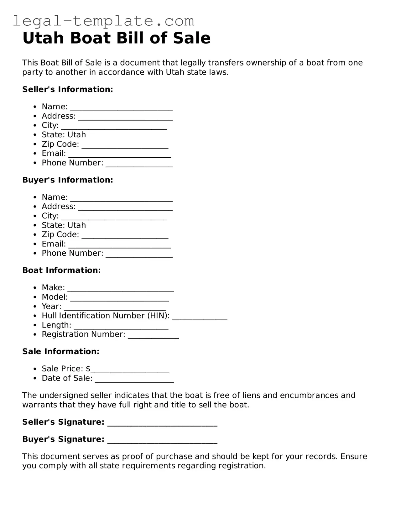 Boat Bill of Sale Form for Utah State