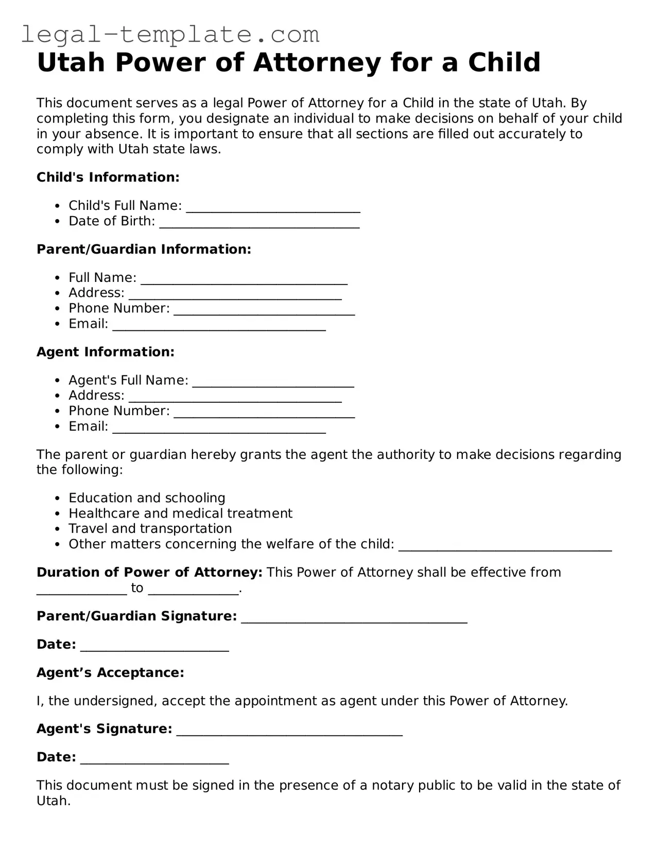 Power of Attorney for a Child Form for Utah State