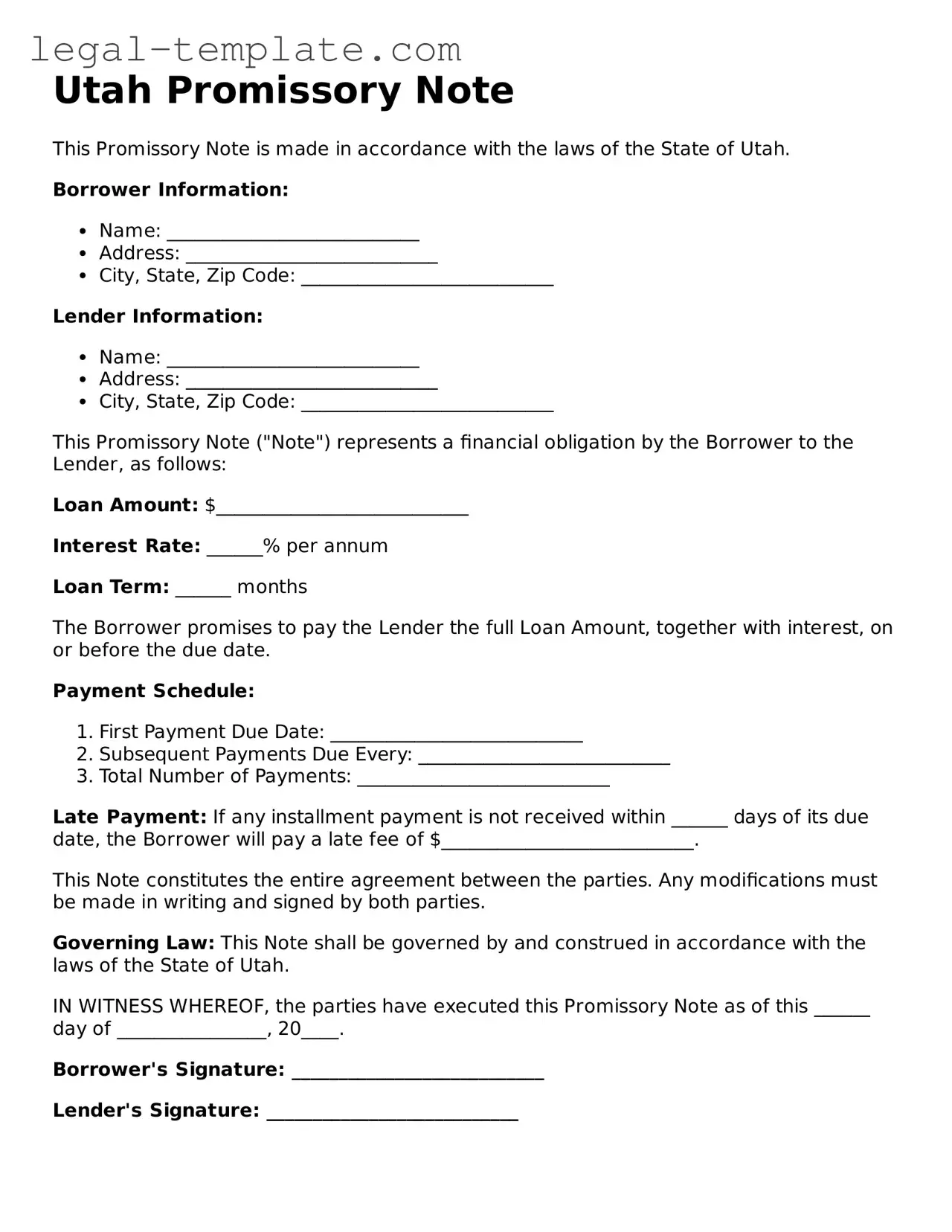 Promissory Note Form for Utah State