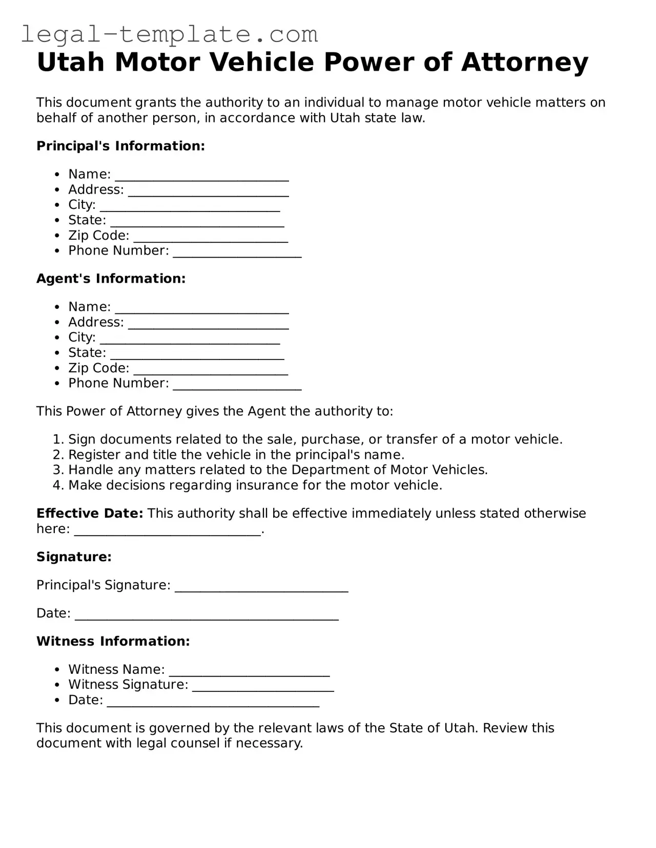 Motor Vehicle Power of Attorney Form for Utah State