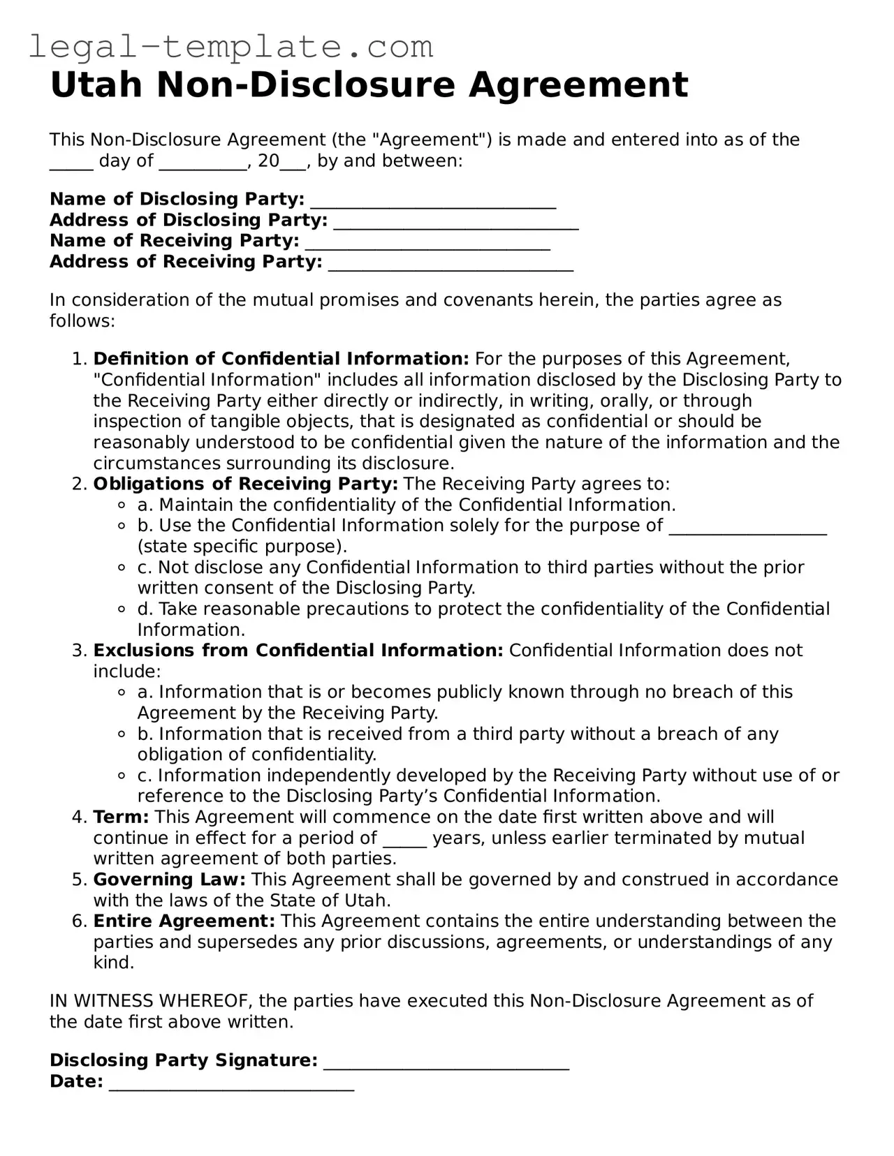 Non-disclosure Agreement Form for Utah State