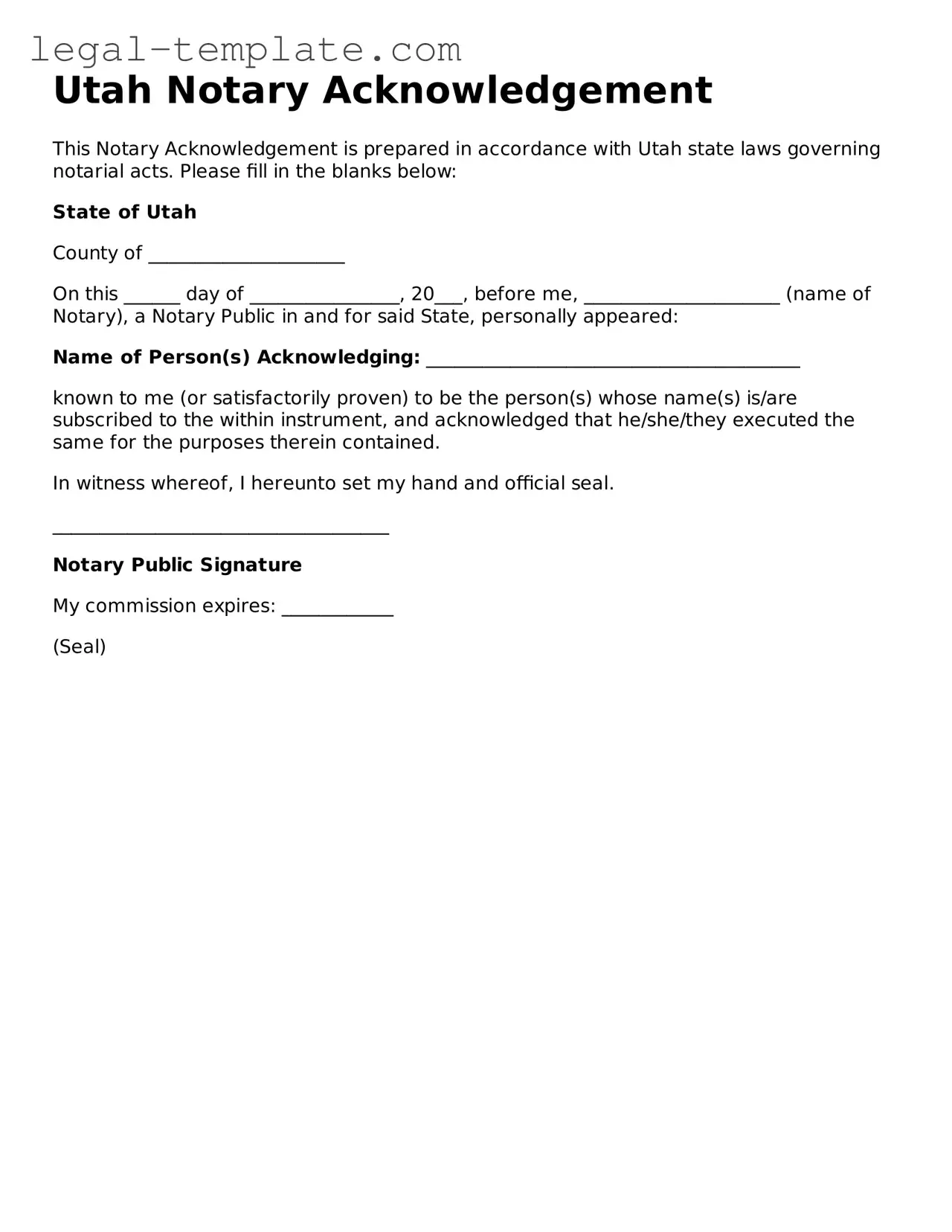 Notary Acknowledgement Form for Utah State