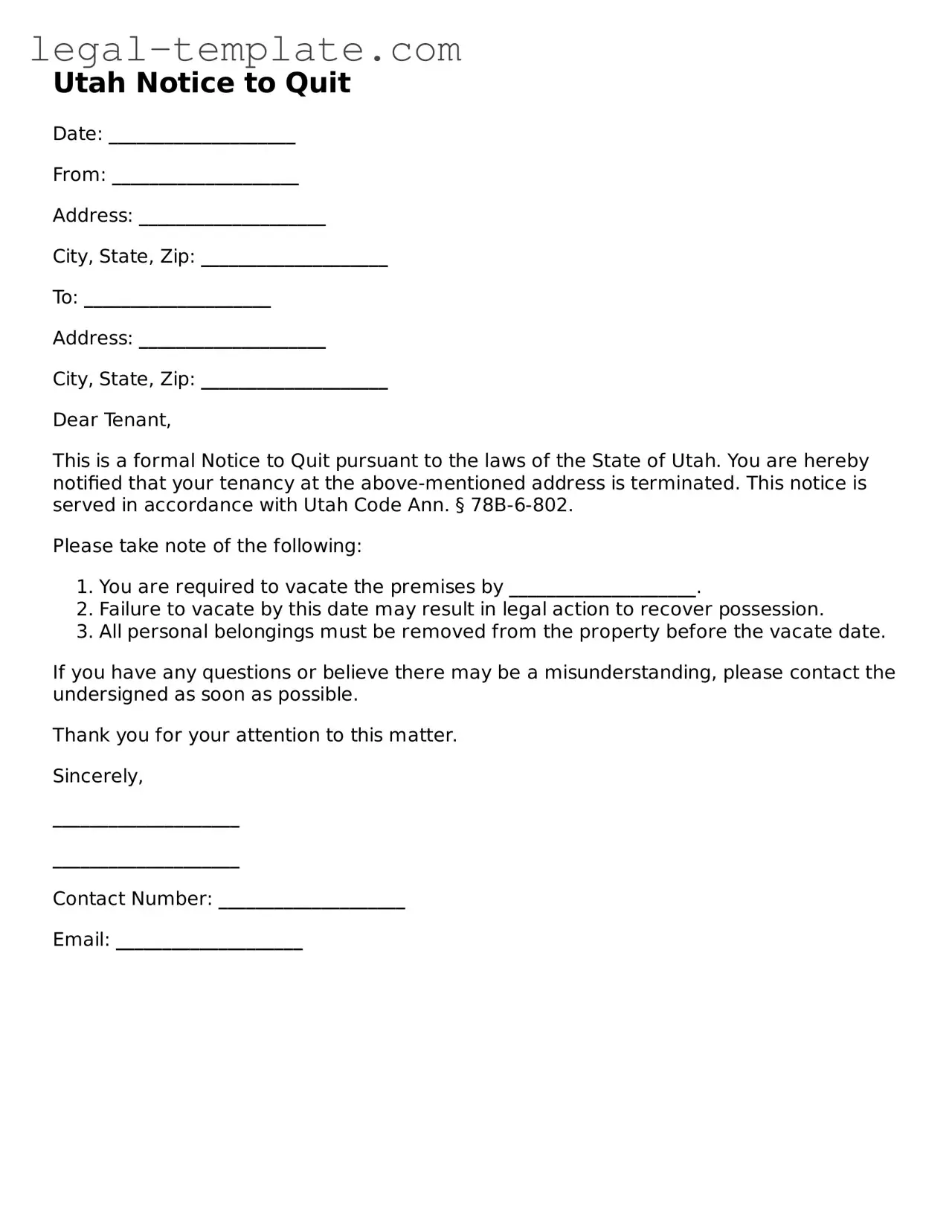 Notice to Quit Form for Utah State