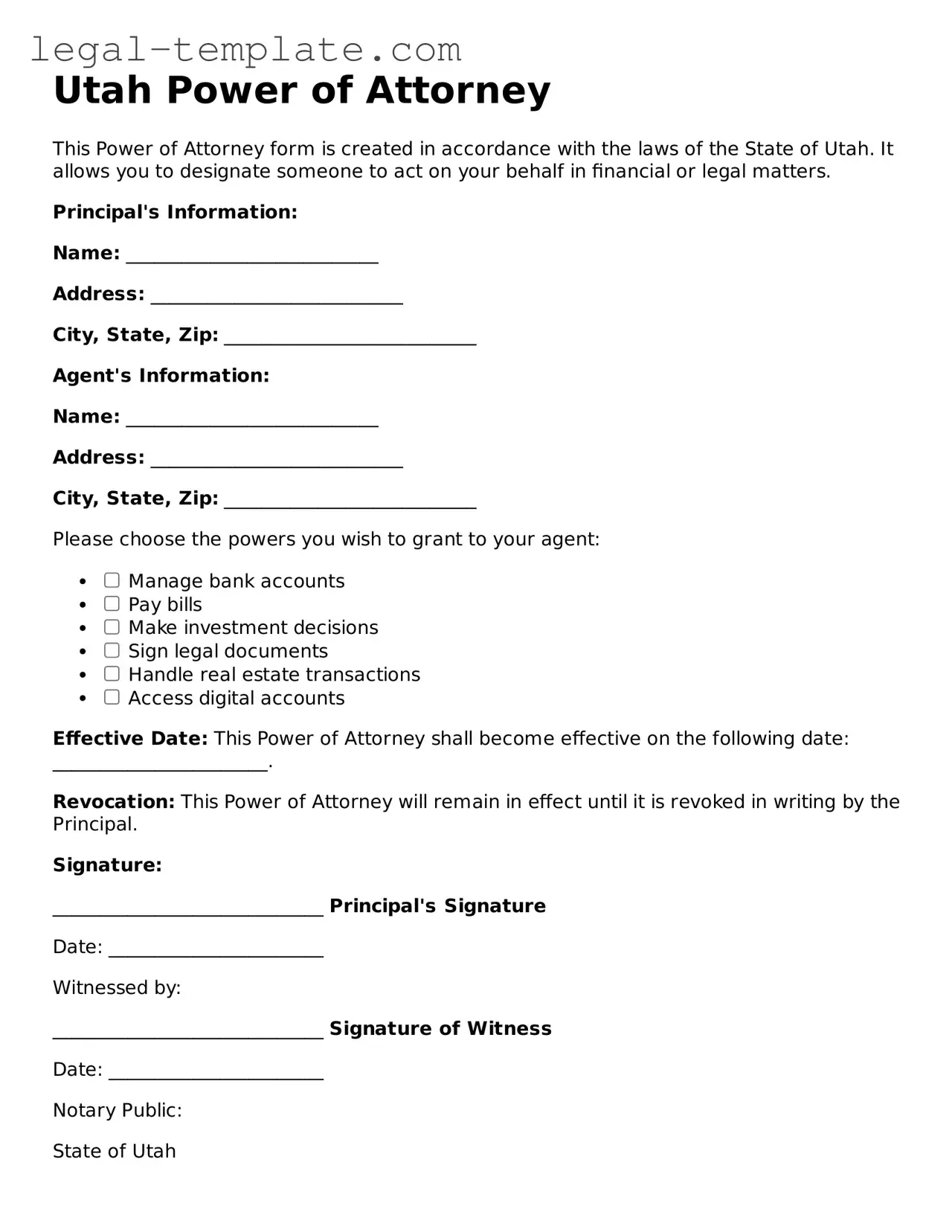 Power of Attorney Form for Utah State
