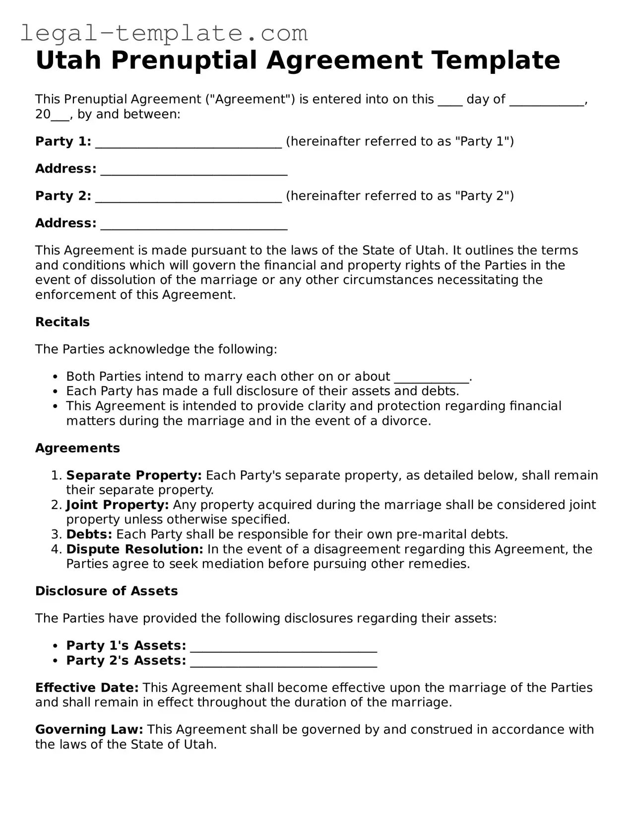 Prenuptial Agreement Form for Utah State