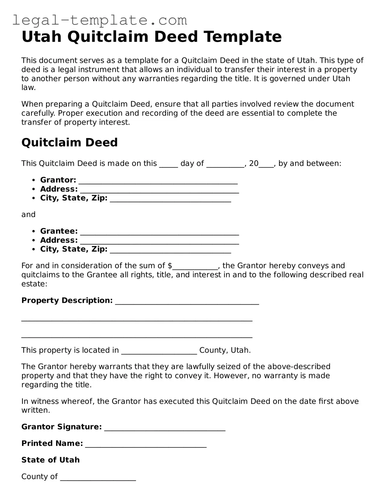 Quitclaim Deed Form for Utah State